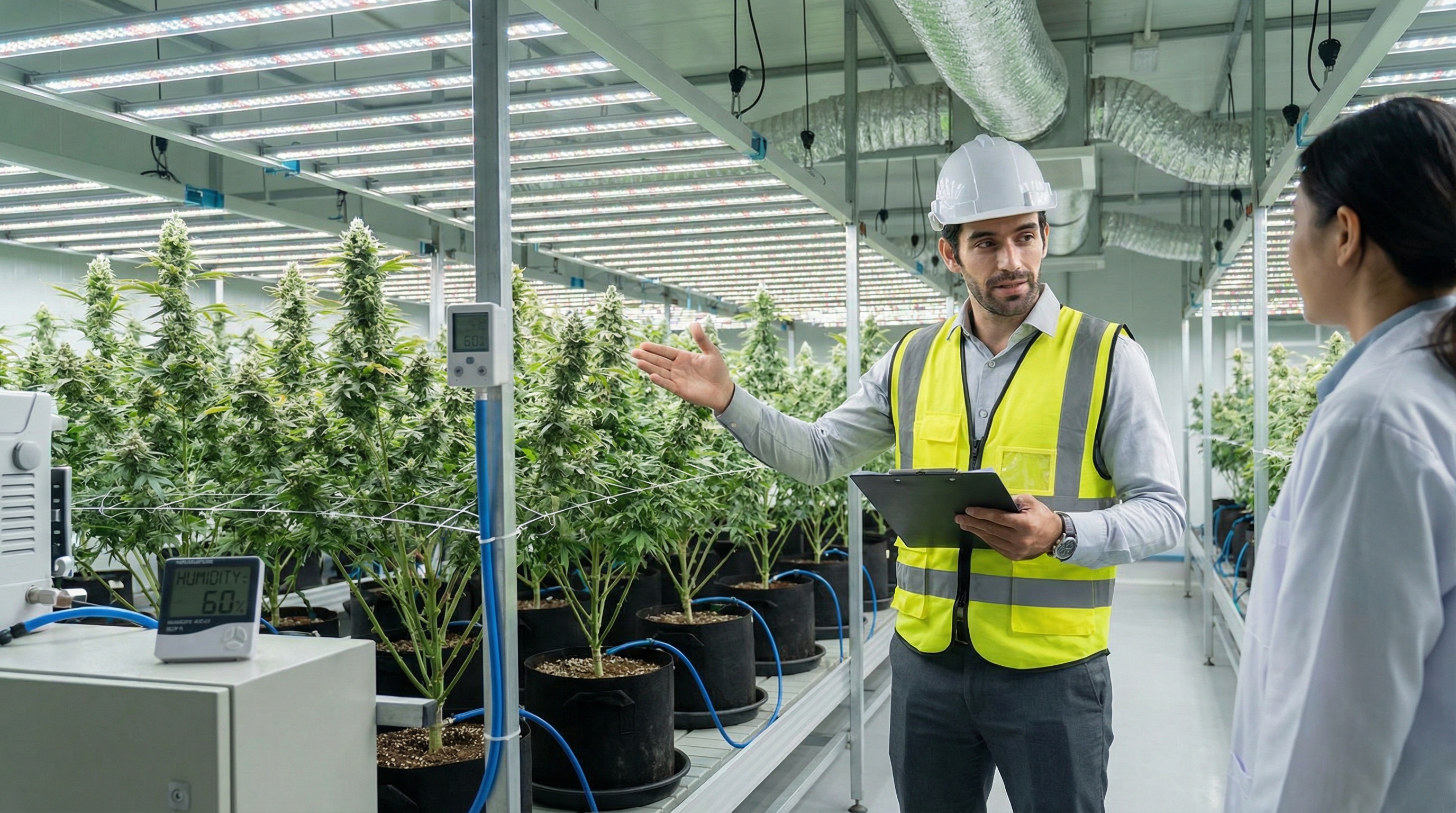 Professional appraiser inspecting cannabis cultivation grow facility