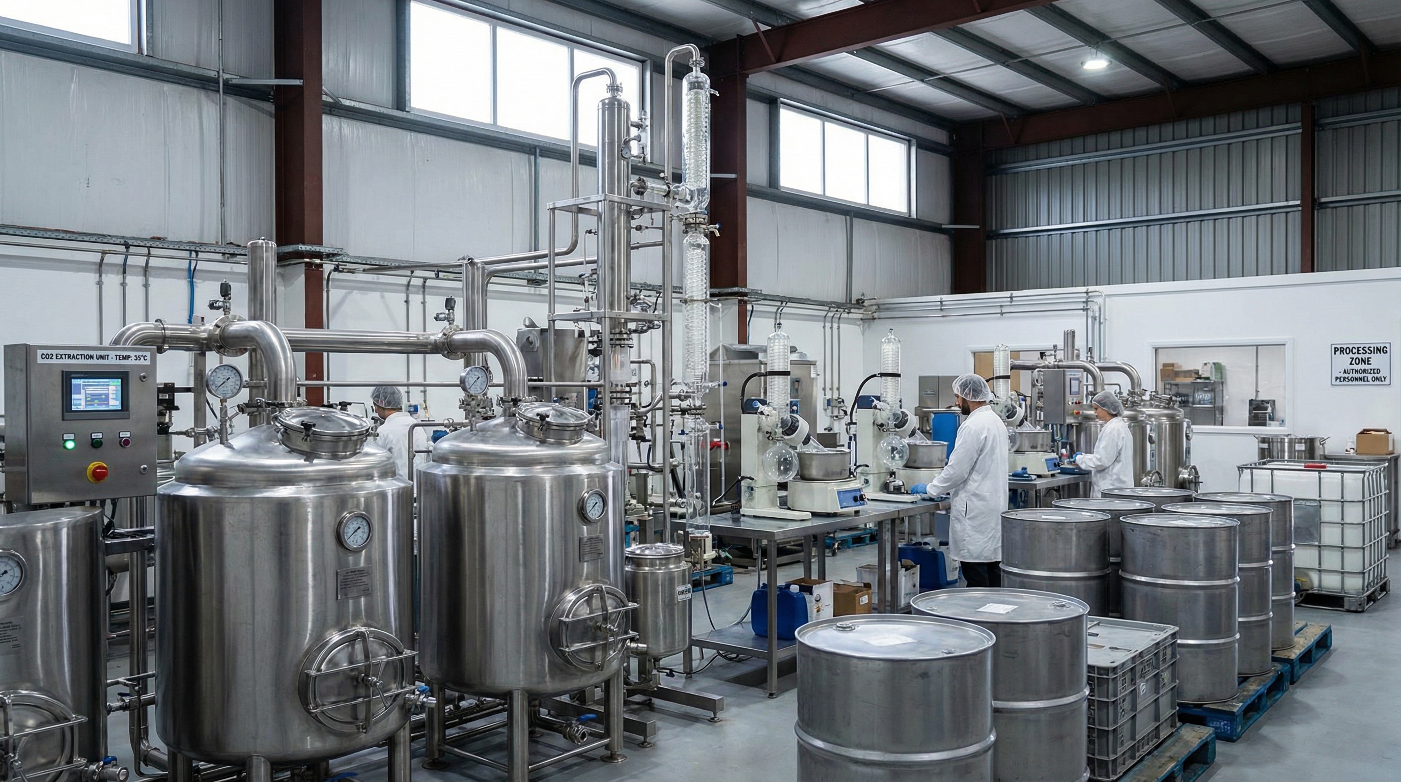 Cannabis processing and extraction equipment machinery in warehouse