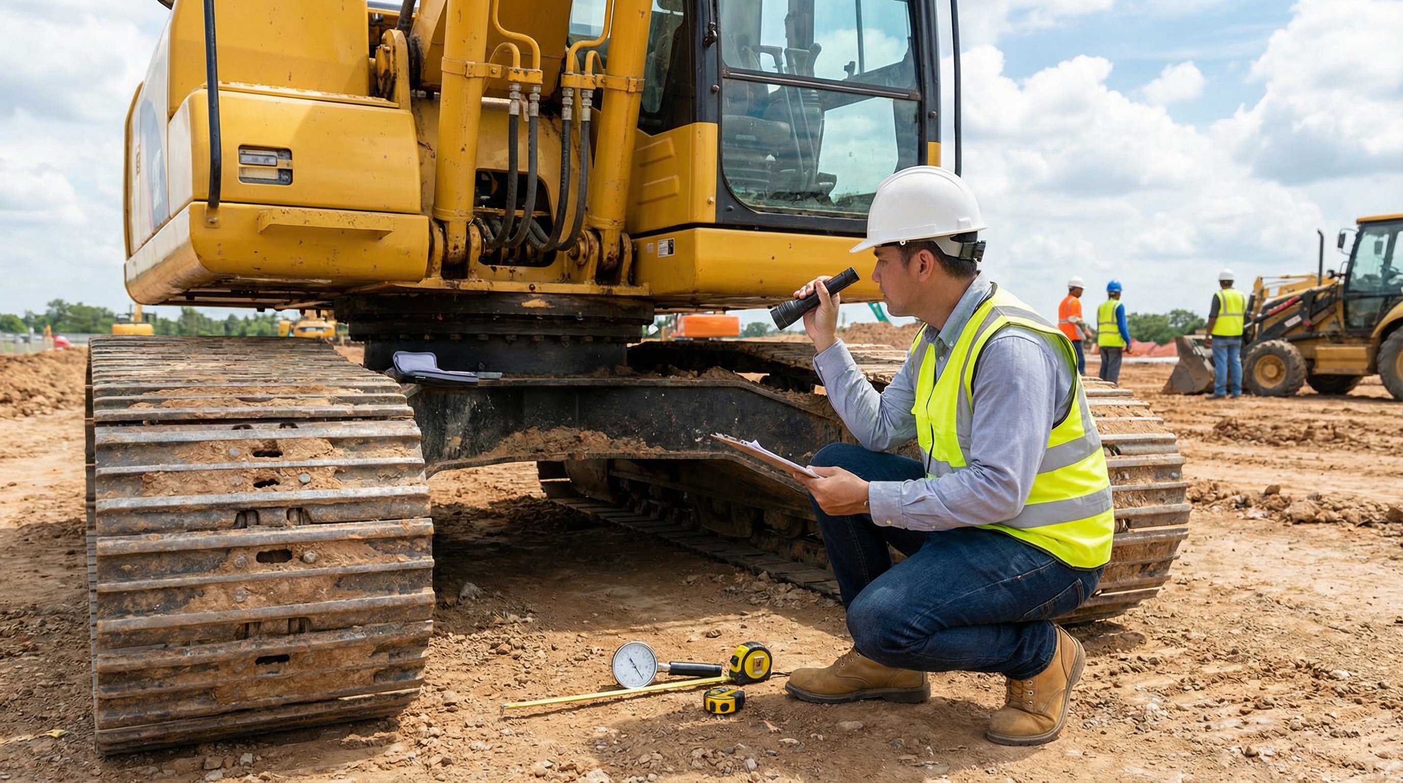 construction equipment appraisal inspector examining excavator condition