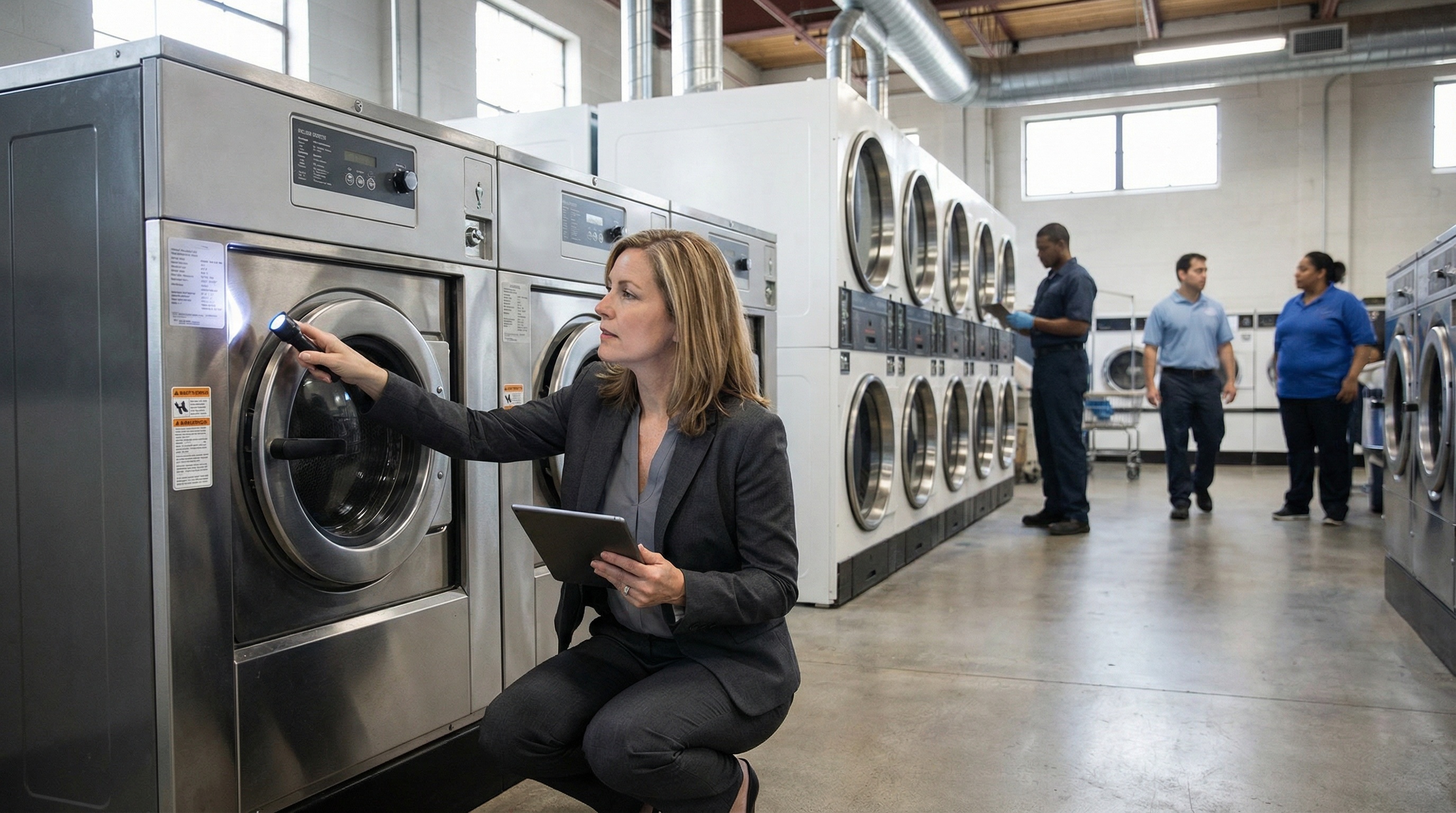 Professional appraiser inspecting commercial laundry equipment including washers and dryers