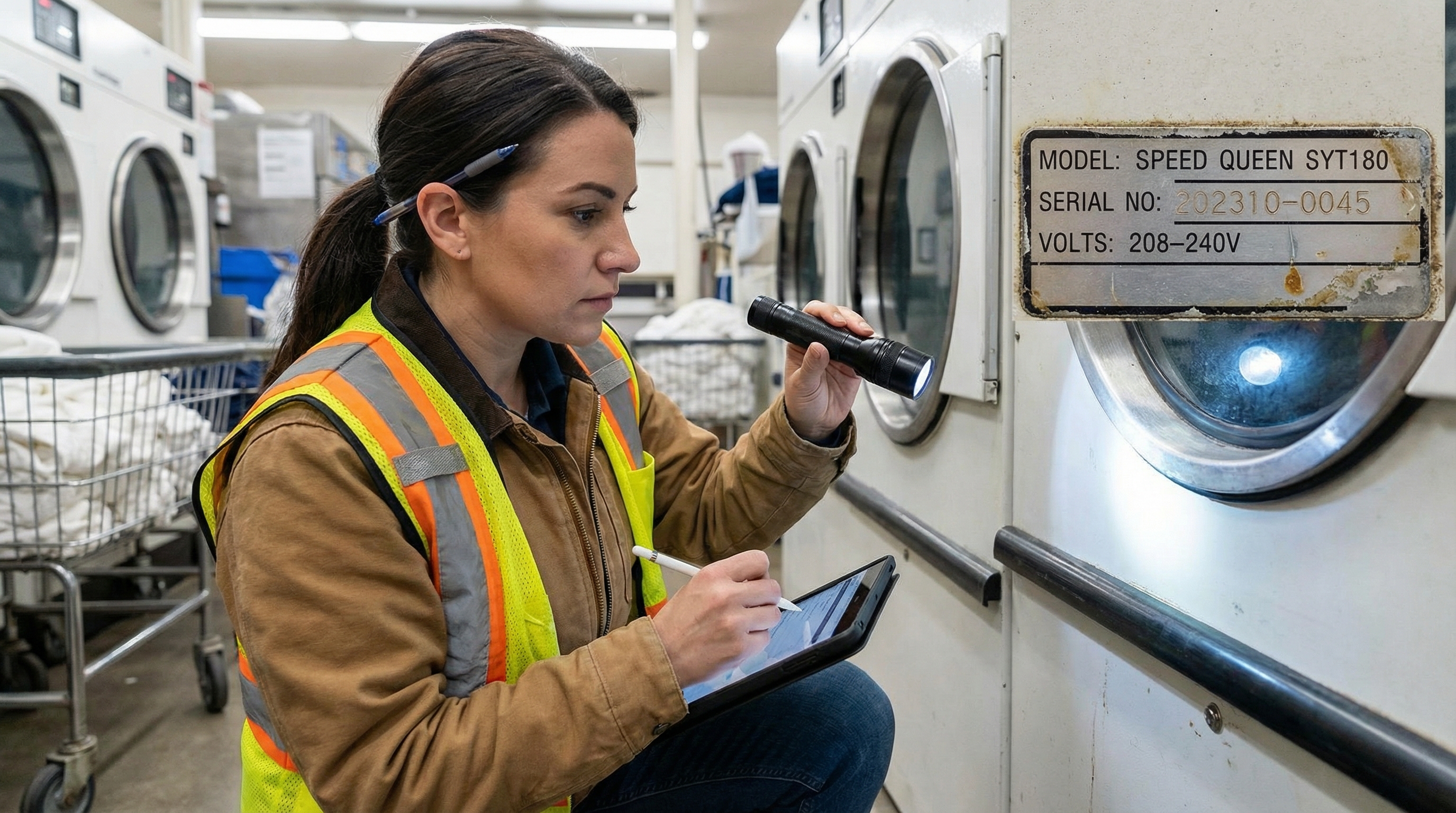 Appraiser taking notes while inspecting commercial washer serial number plate