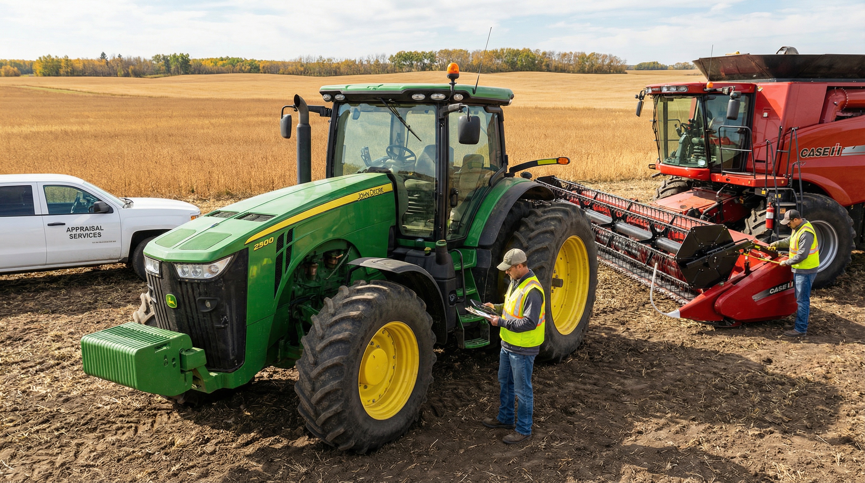 Professional farm equipment appraisal inspection of tractor and combine harvester