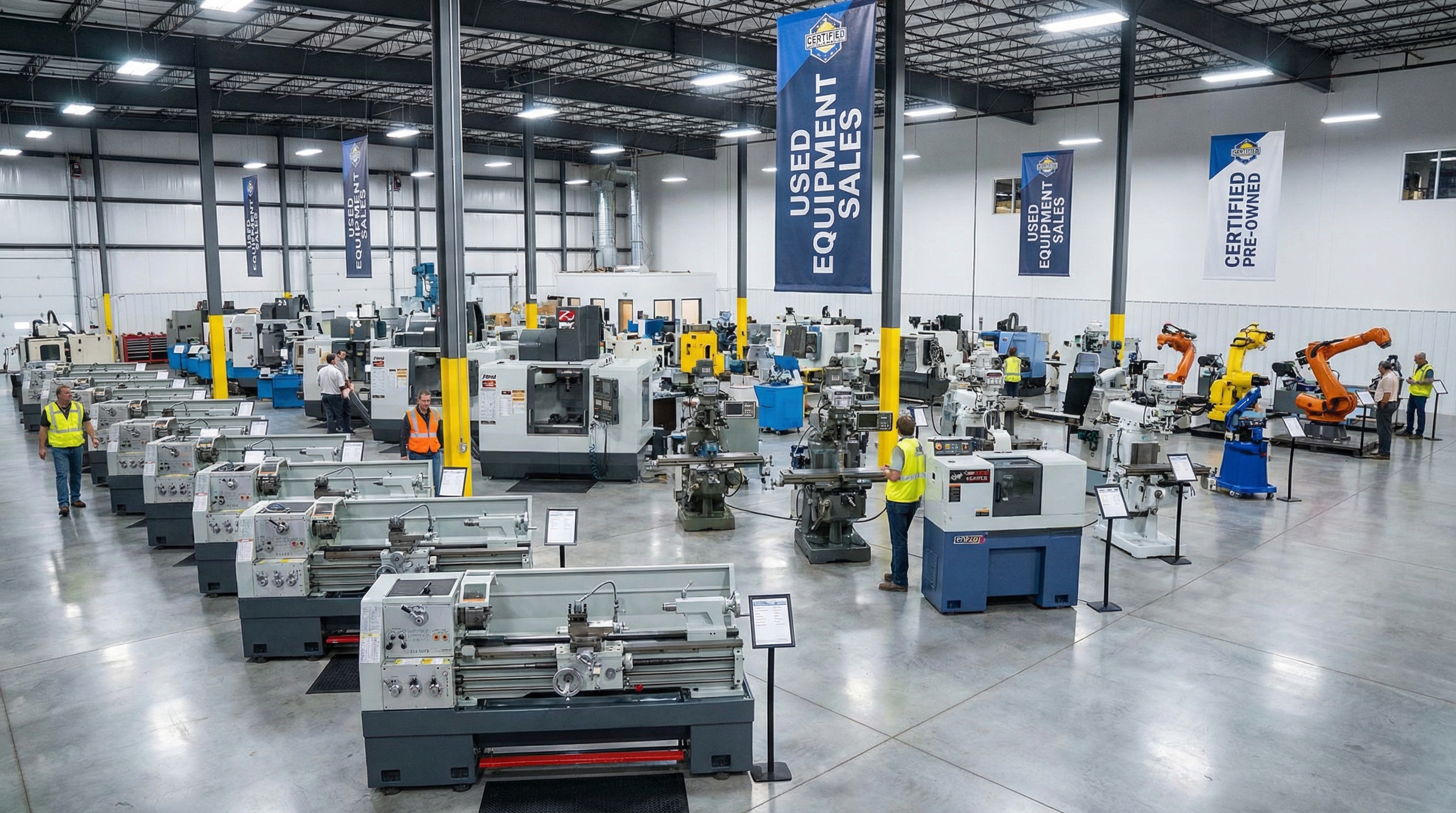 Clean, well-maintained industrial equipment arranged in organized facility with proper lighting for sale presentation