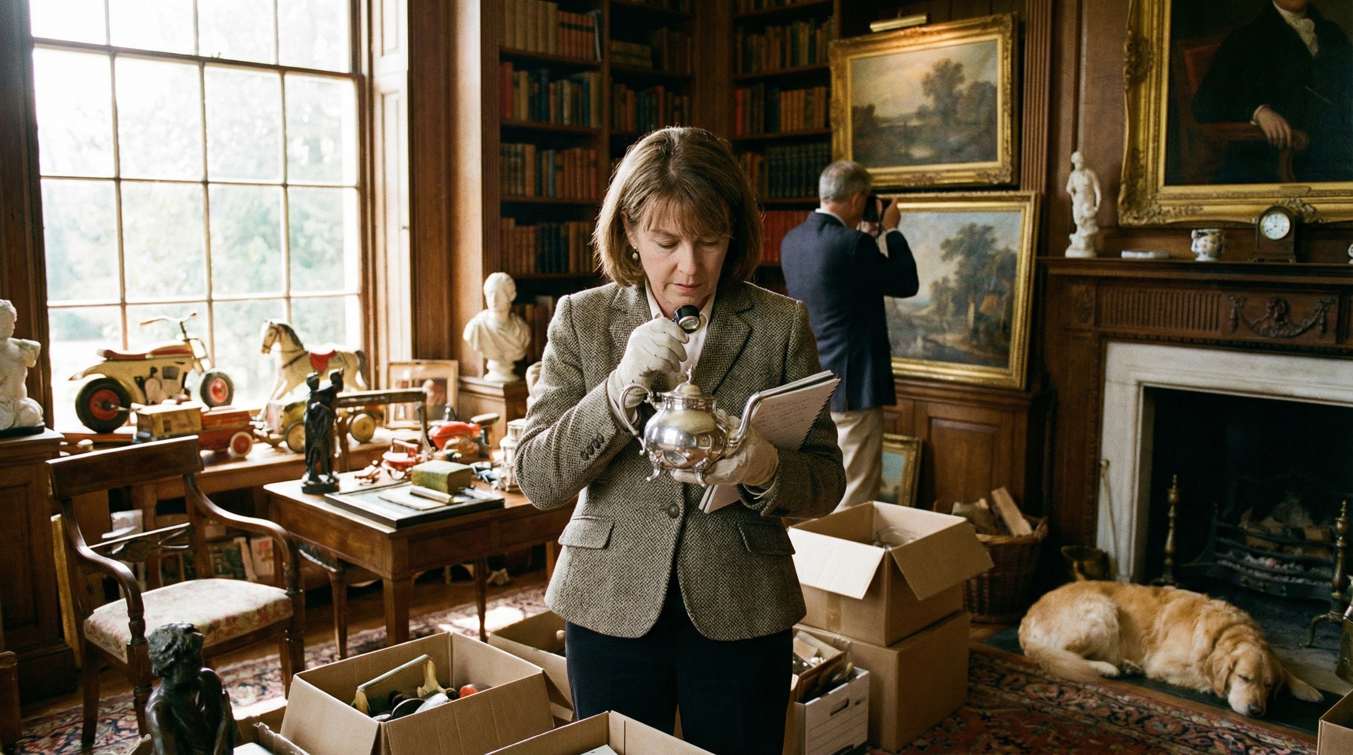 appraiser examining vintage collectibles and artwork in estate home