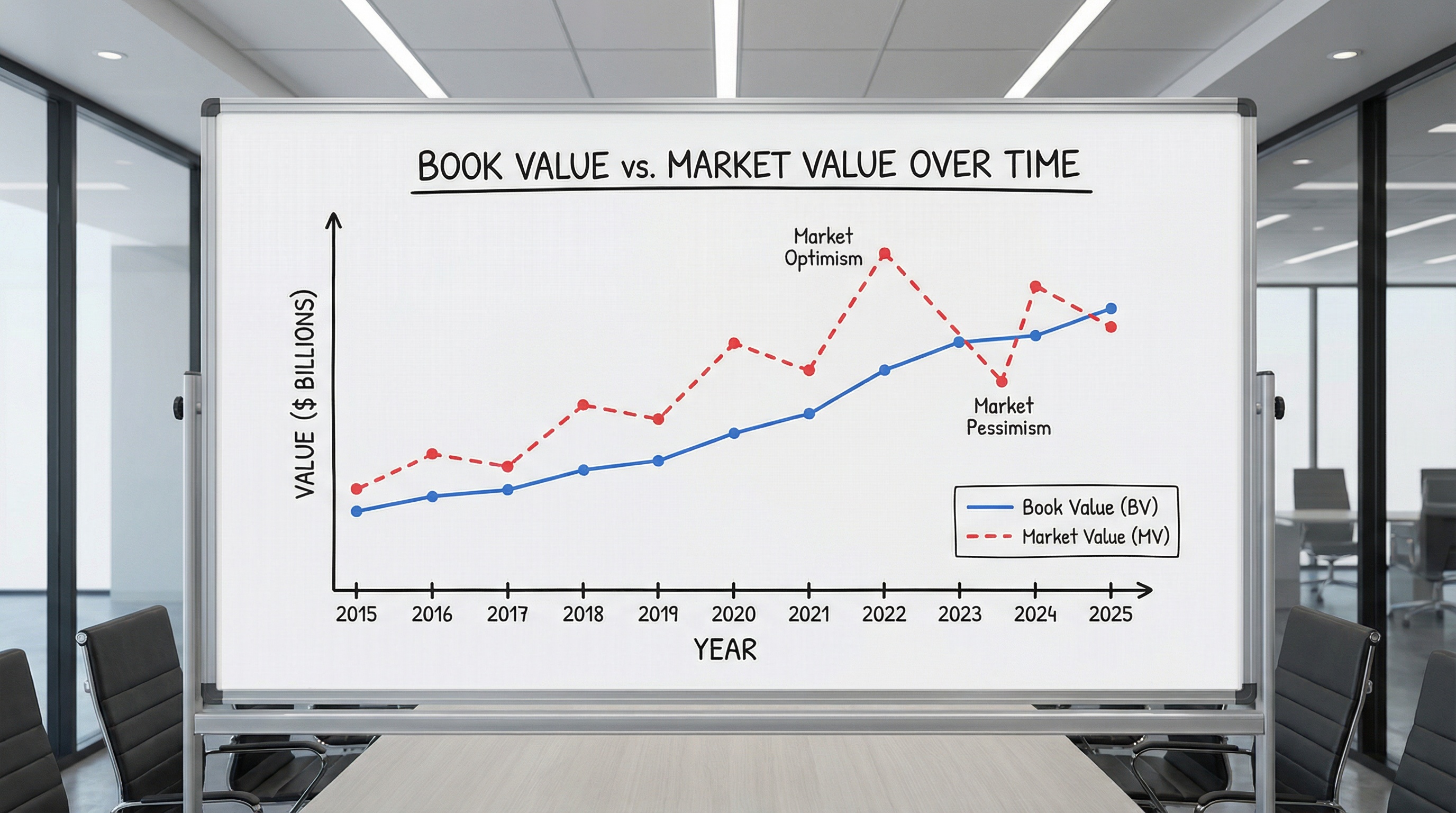 chart showing the relationship between book value and market value over time
