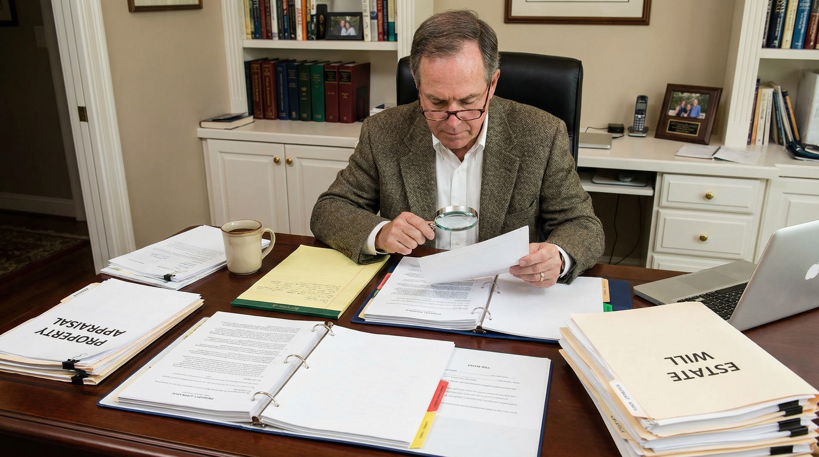 executor reviewing estate documents with appraisal paperwork spread on desk