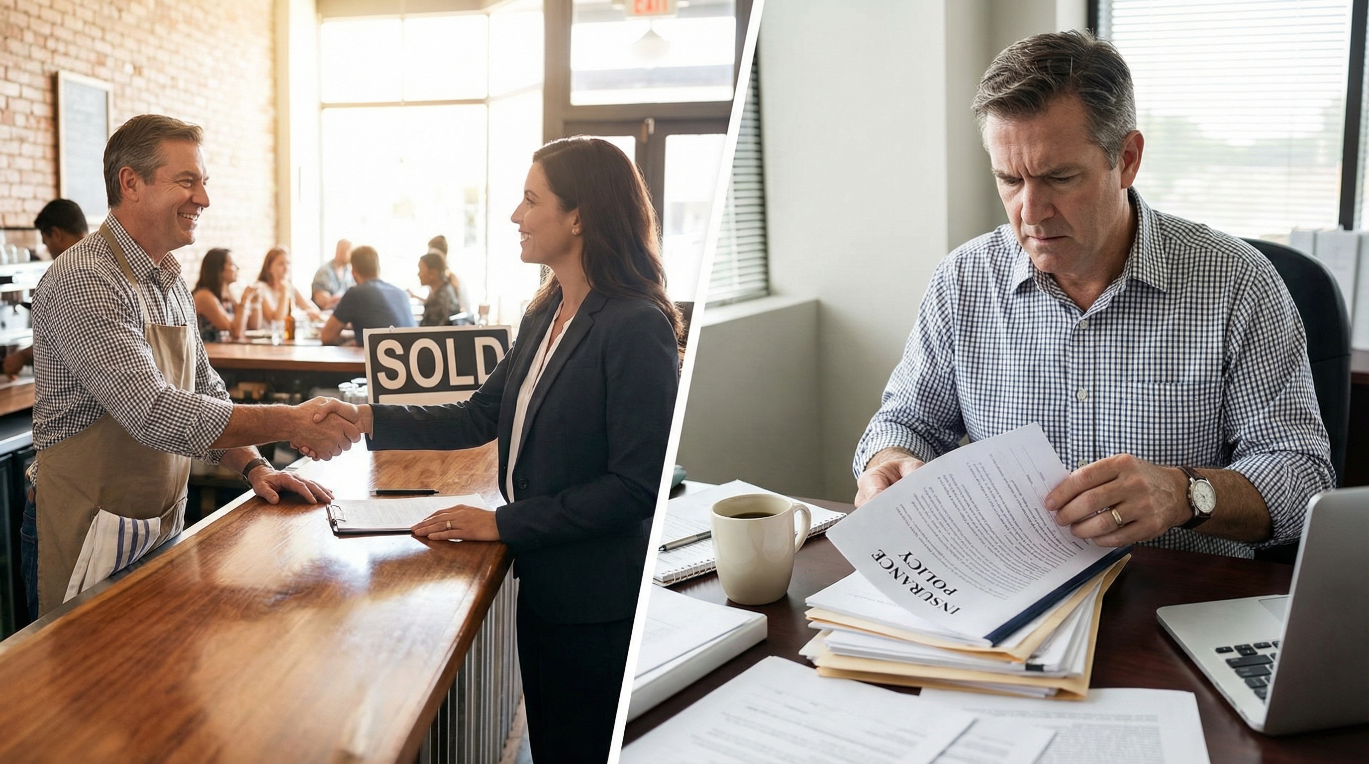 Split screen showing a restaurant owner shaking hands with a buyer on one side and reviewing insurance documents on the other