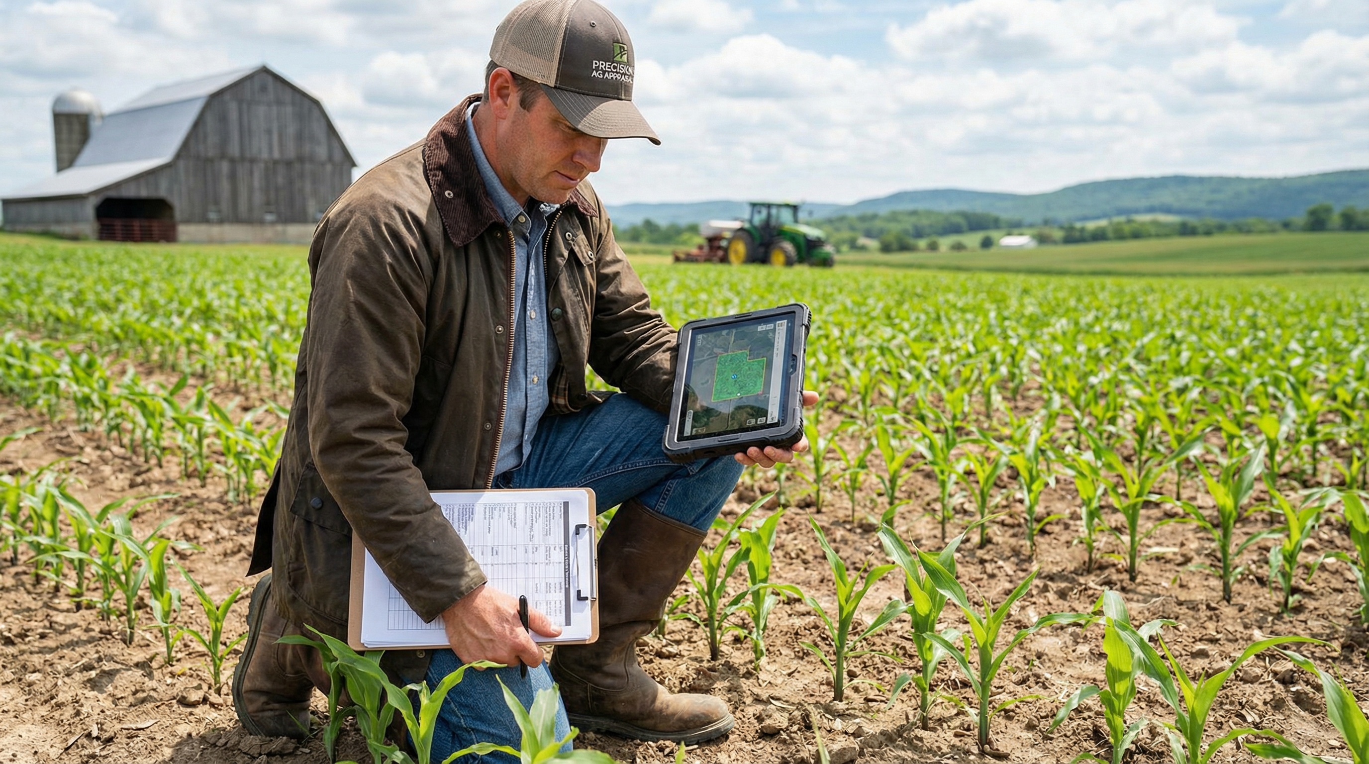 Agricultural appraiser examining farmland with tablet and documents