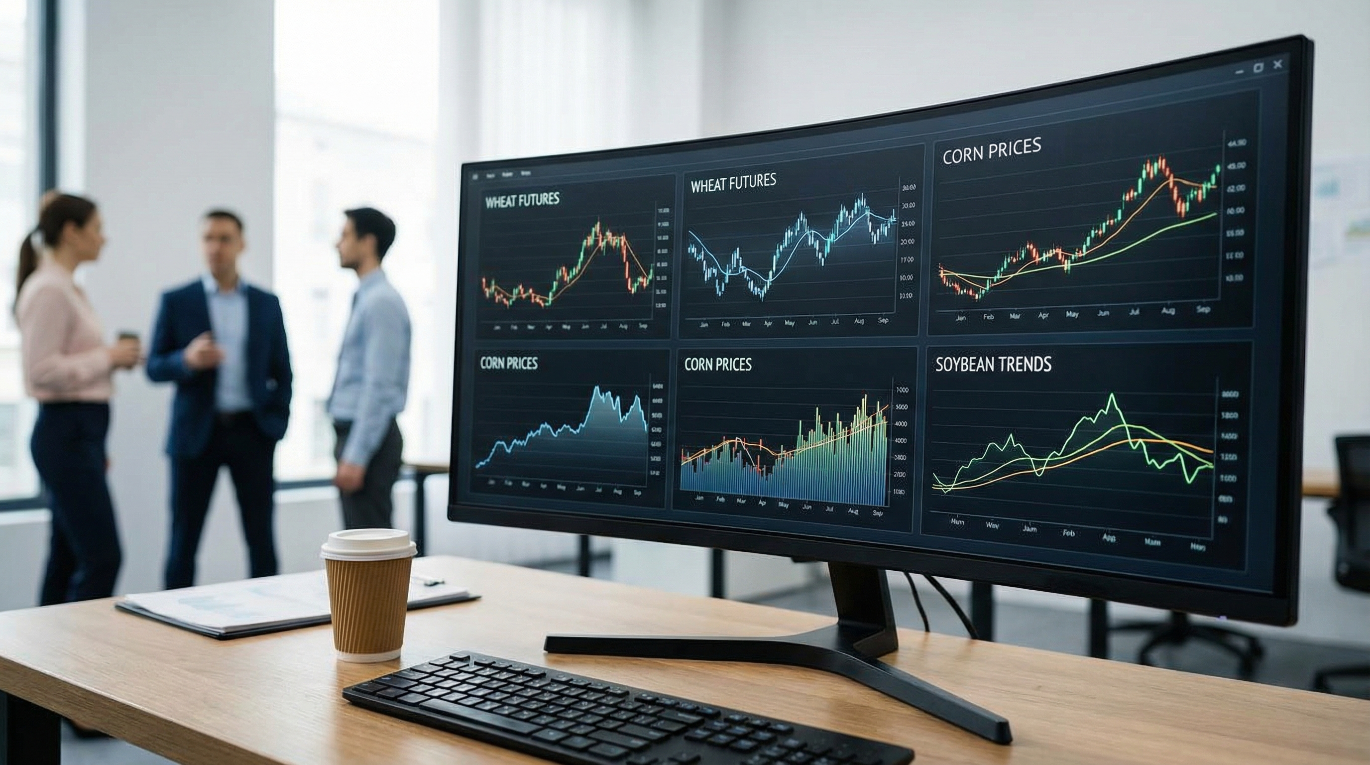 Commodity price charts and market data on computer screen