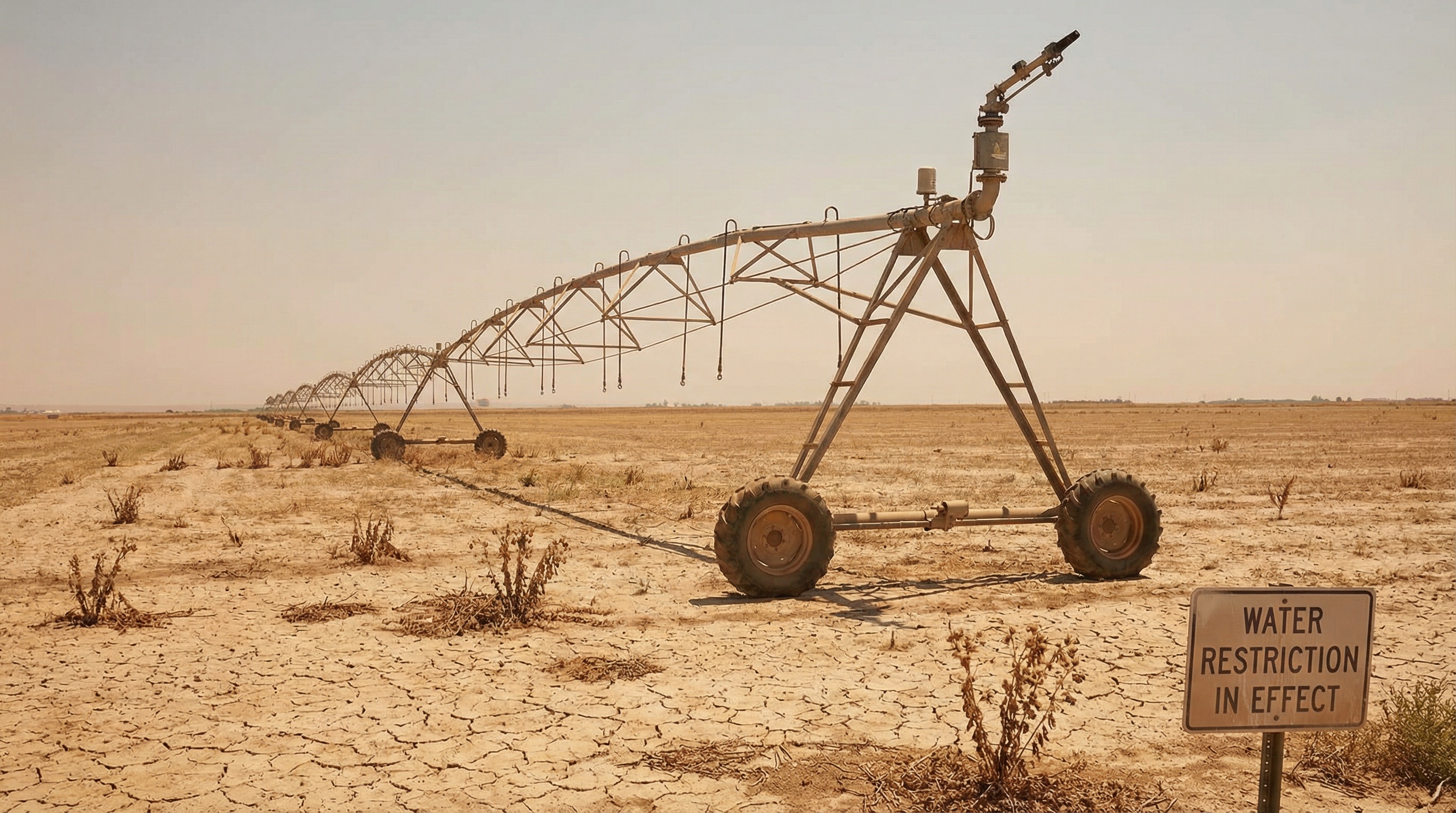 Drought affected farmland with irrigation equipment