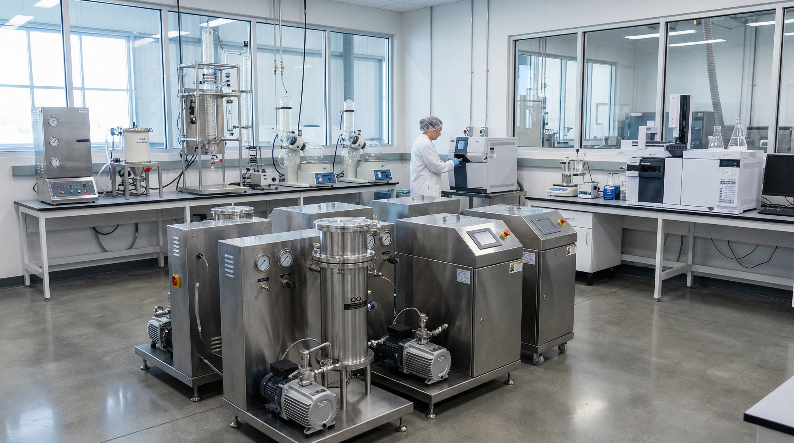 Cannabis extraction equipment with CO2 machines, processing systems, and laboratory testing instruments