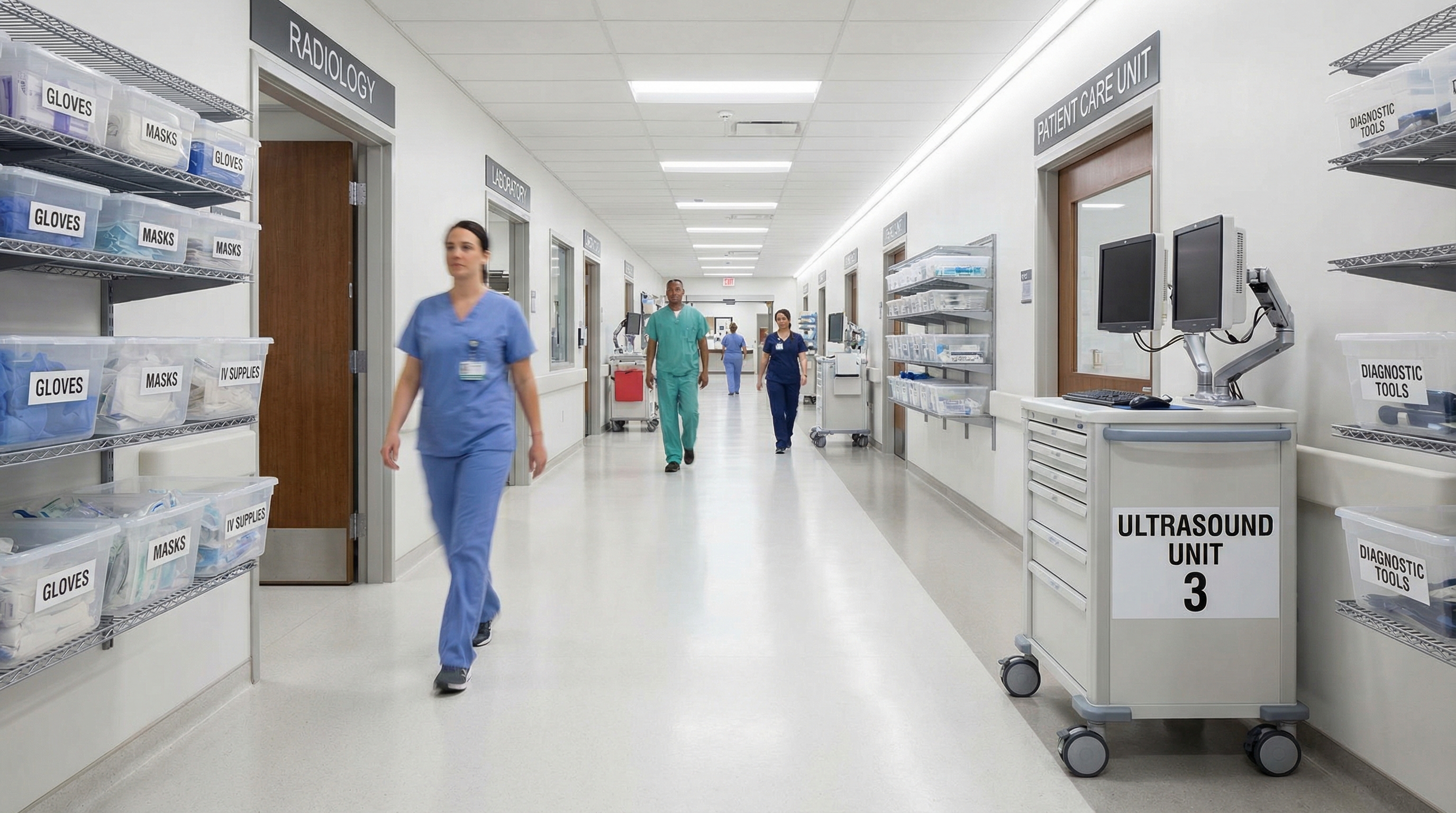 Organized medical facility with clearly labeled equipment and clean pathways