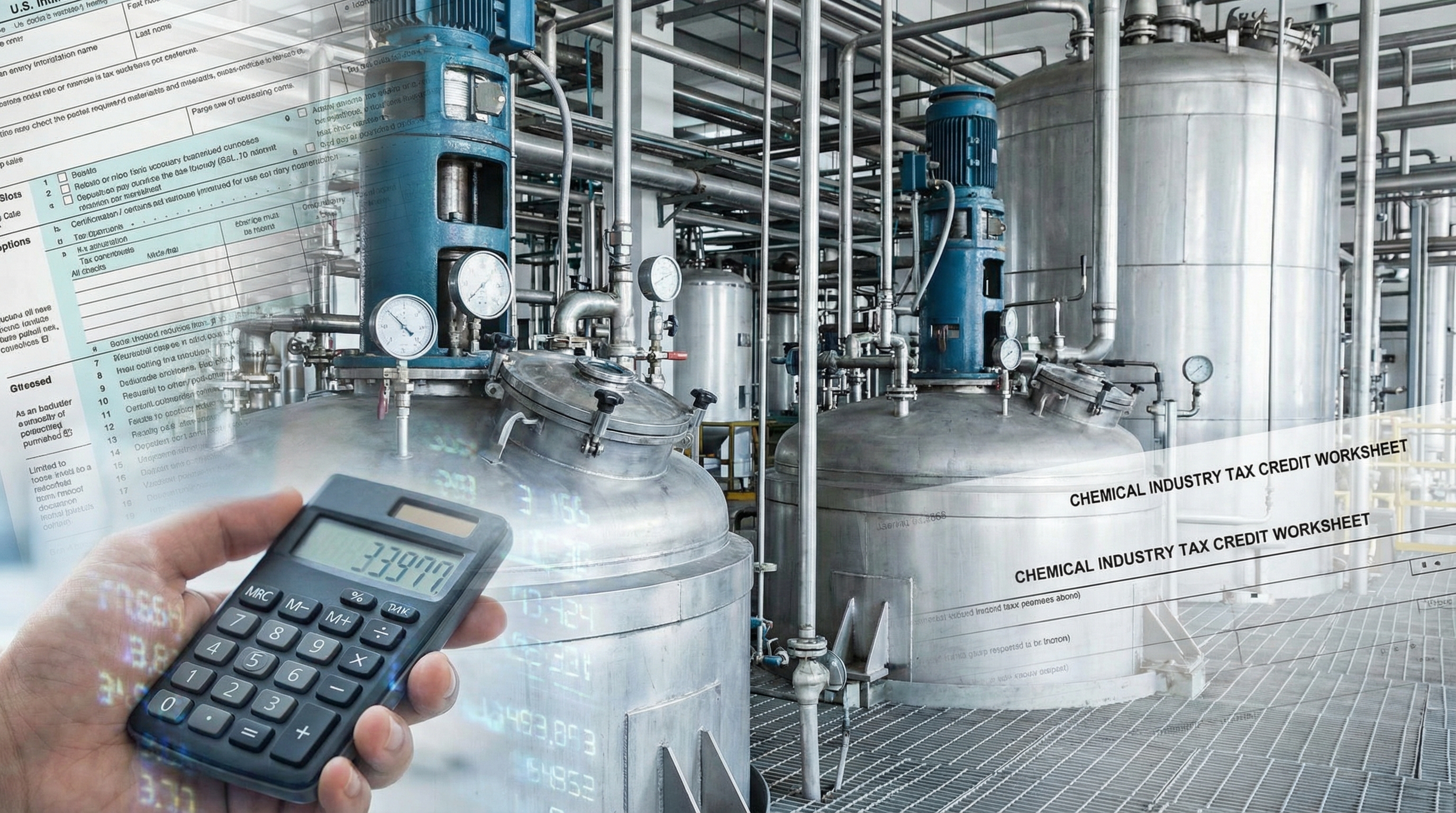 chemical plant equipment with tax documents and calculator overlay