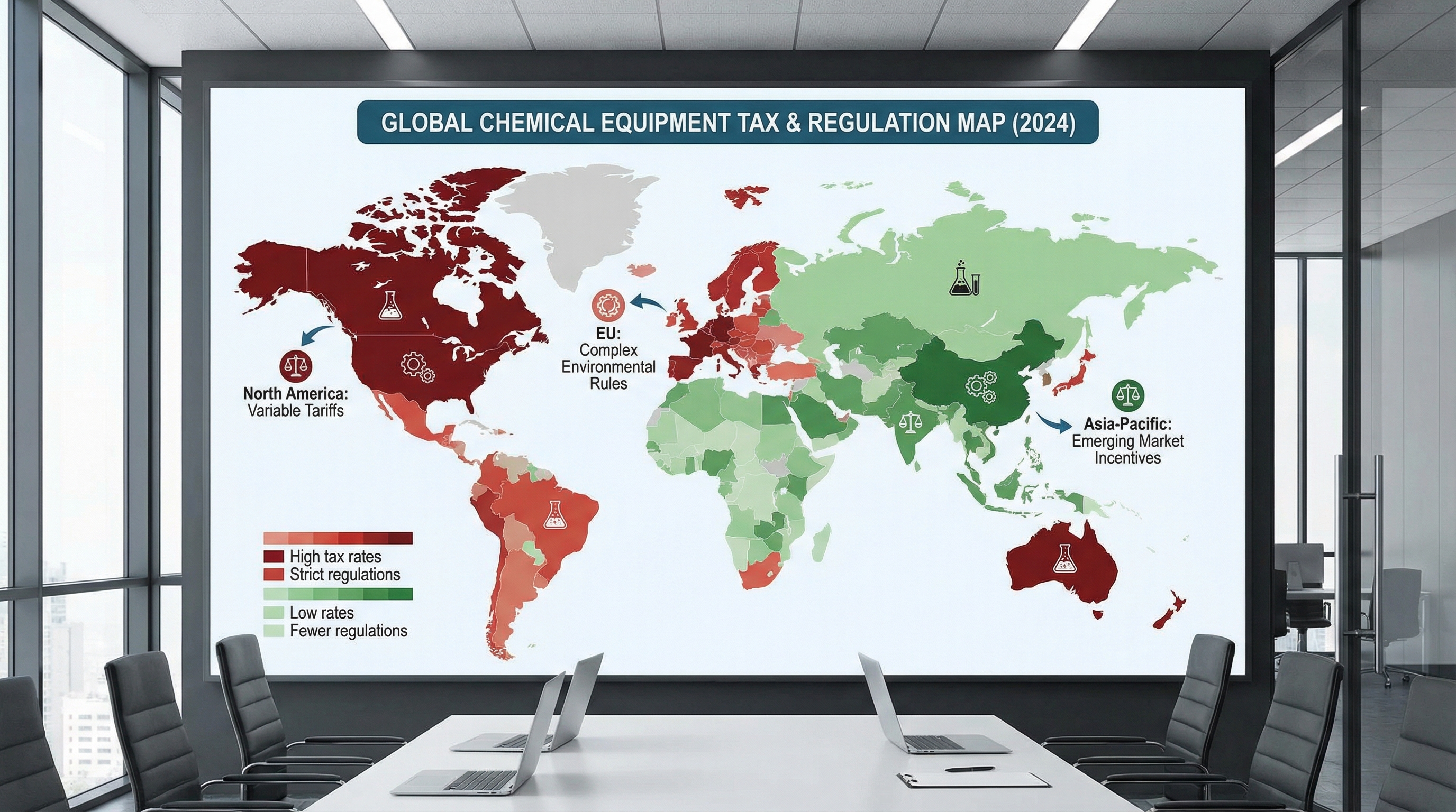 world map showing different tax rates and regulations for chemical equipment