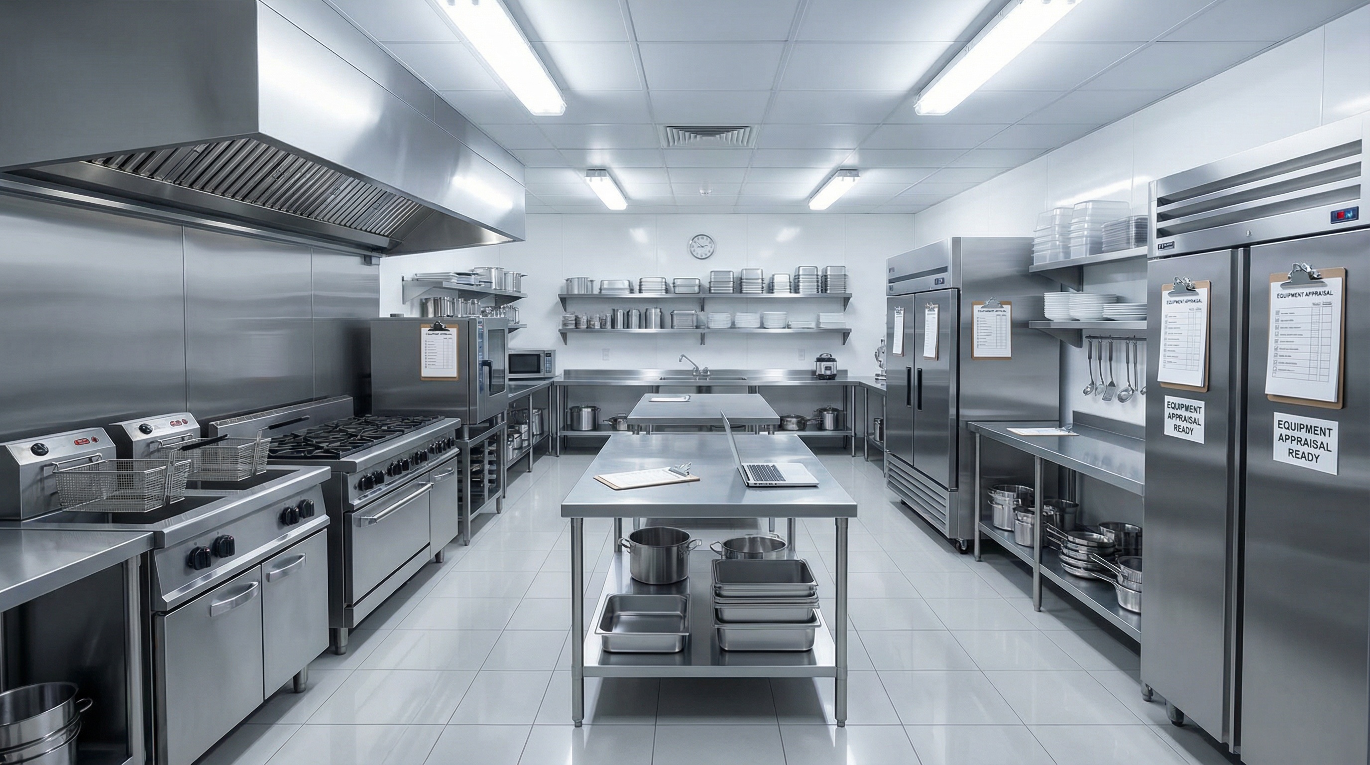 Clean, well-organized commercial kitchen ready for equipment appraisal inspection