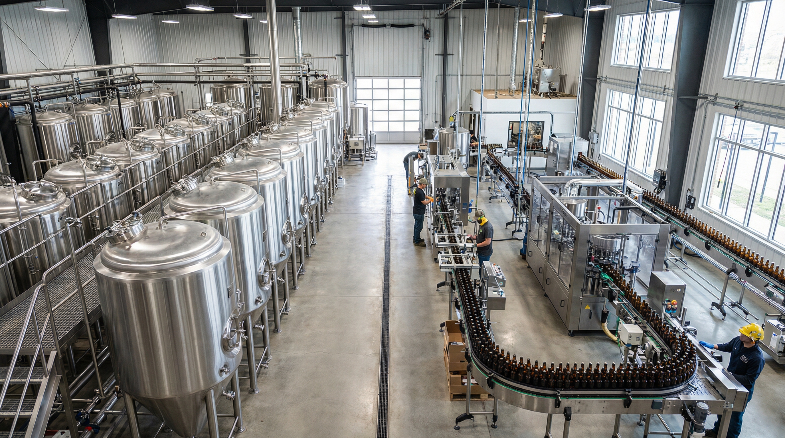 Professional brewery equipment including large stainless steel fermentation tanks and modern bottling line
