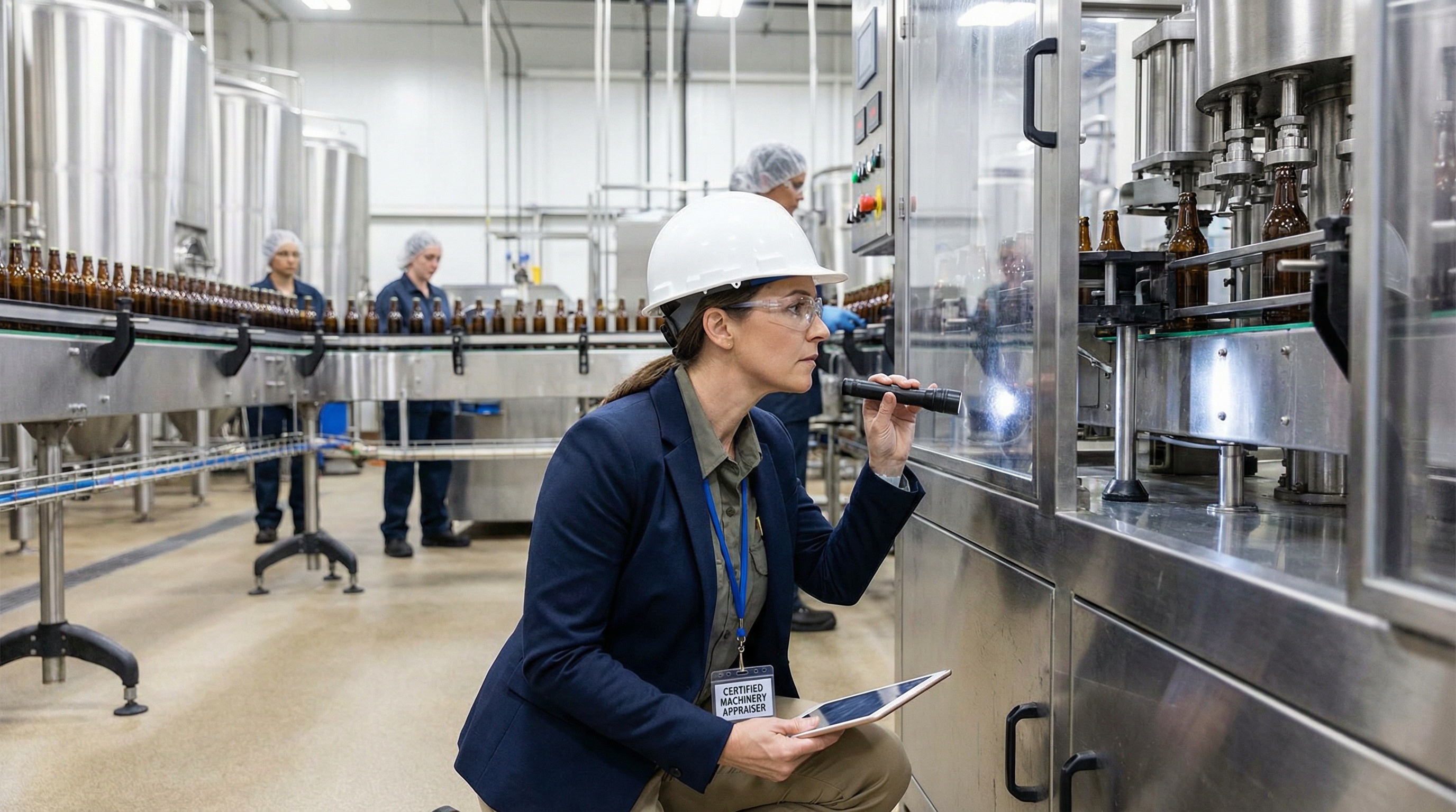 Professional equipment appraiser with credentials inspecting beverage manufacturing equipment