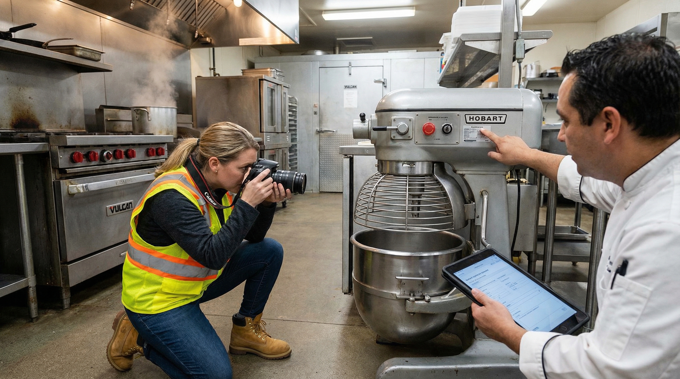 Appraiser taking detailed photos of commercial kitchen equipment during onsite inspection