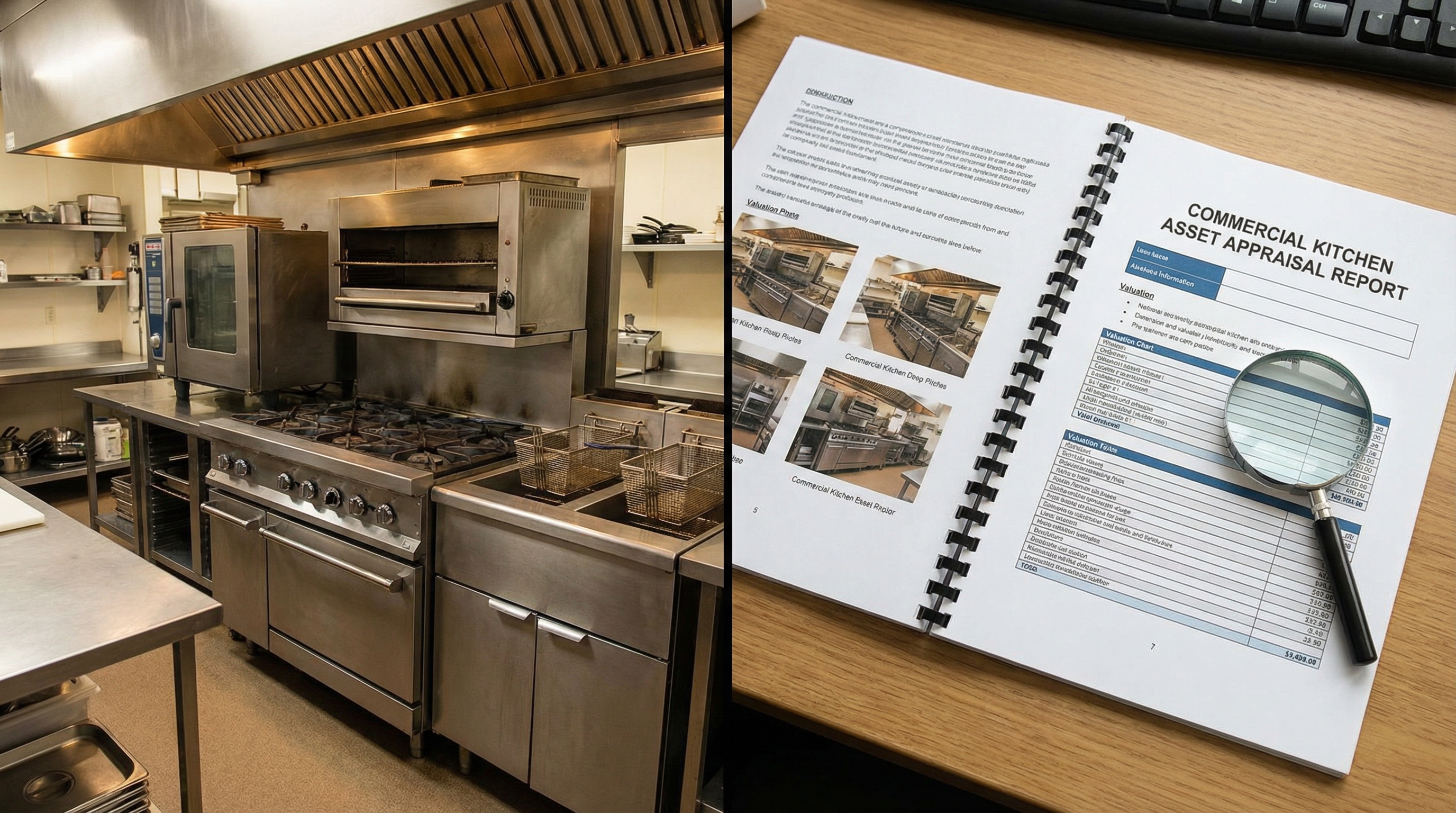 Split screen showing commercial kitchen equipment on left and detailed appraisal report with photos on right