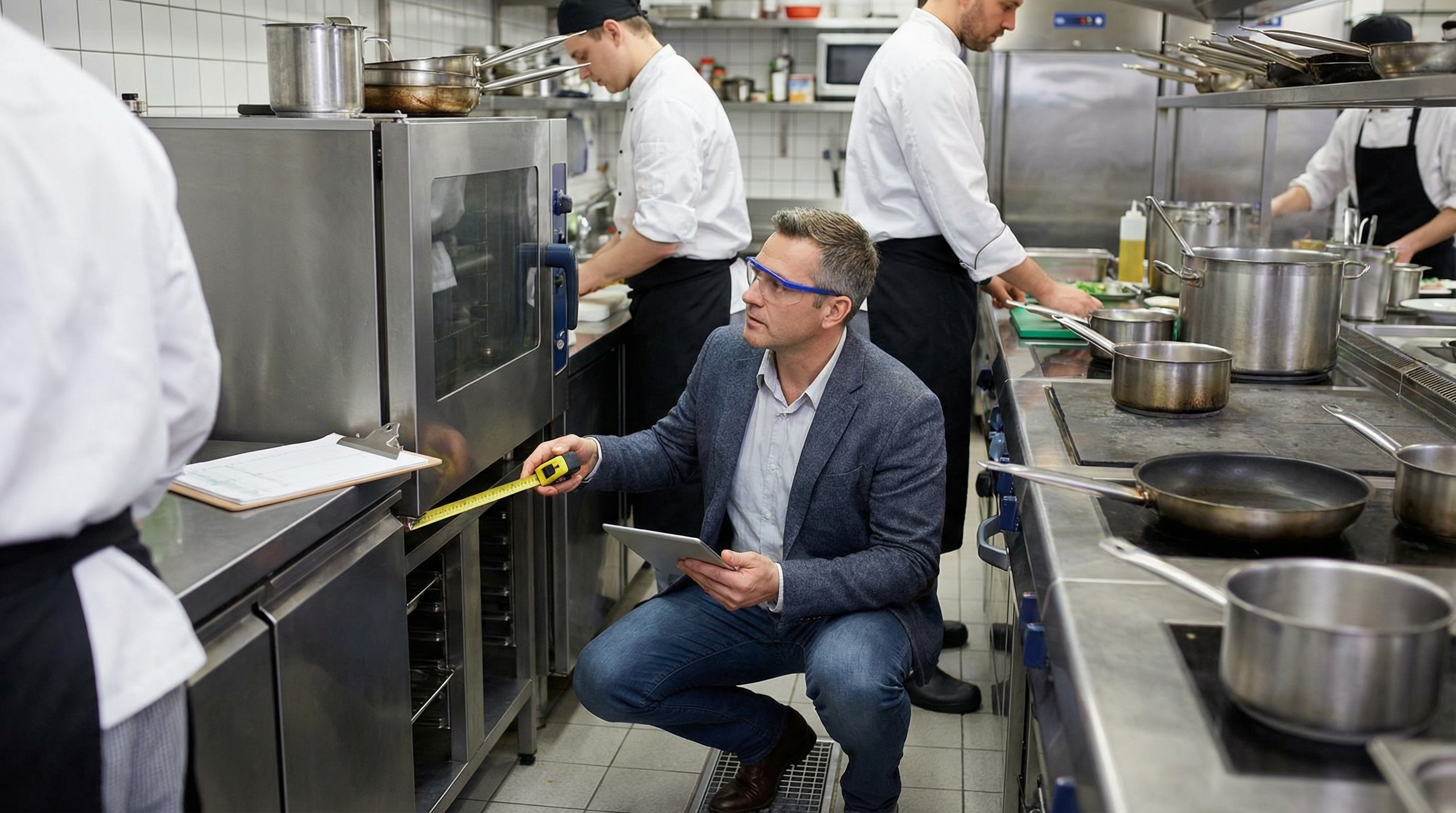 Professional appraiser examining commercial kitchen equipment in a restaurant setting