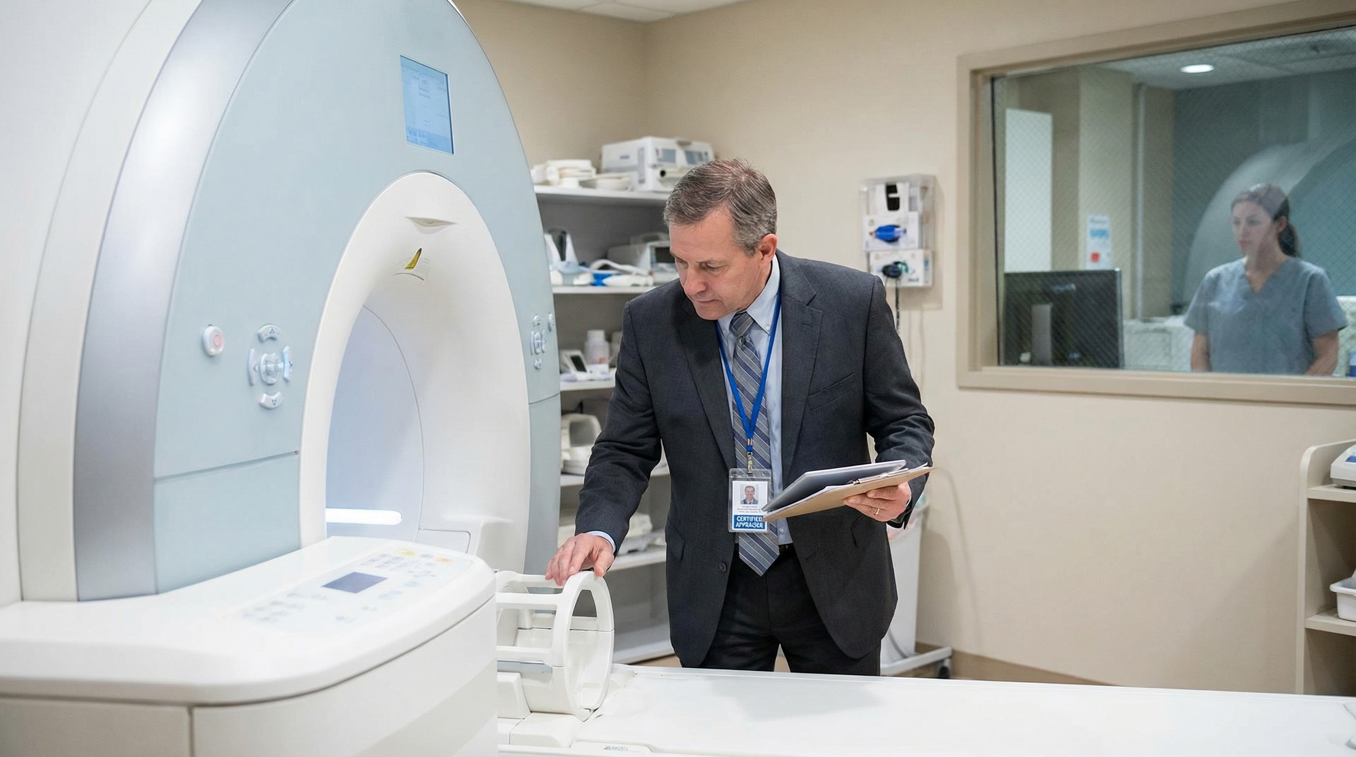 Professional appraiser examining MRI machine in hospital setting