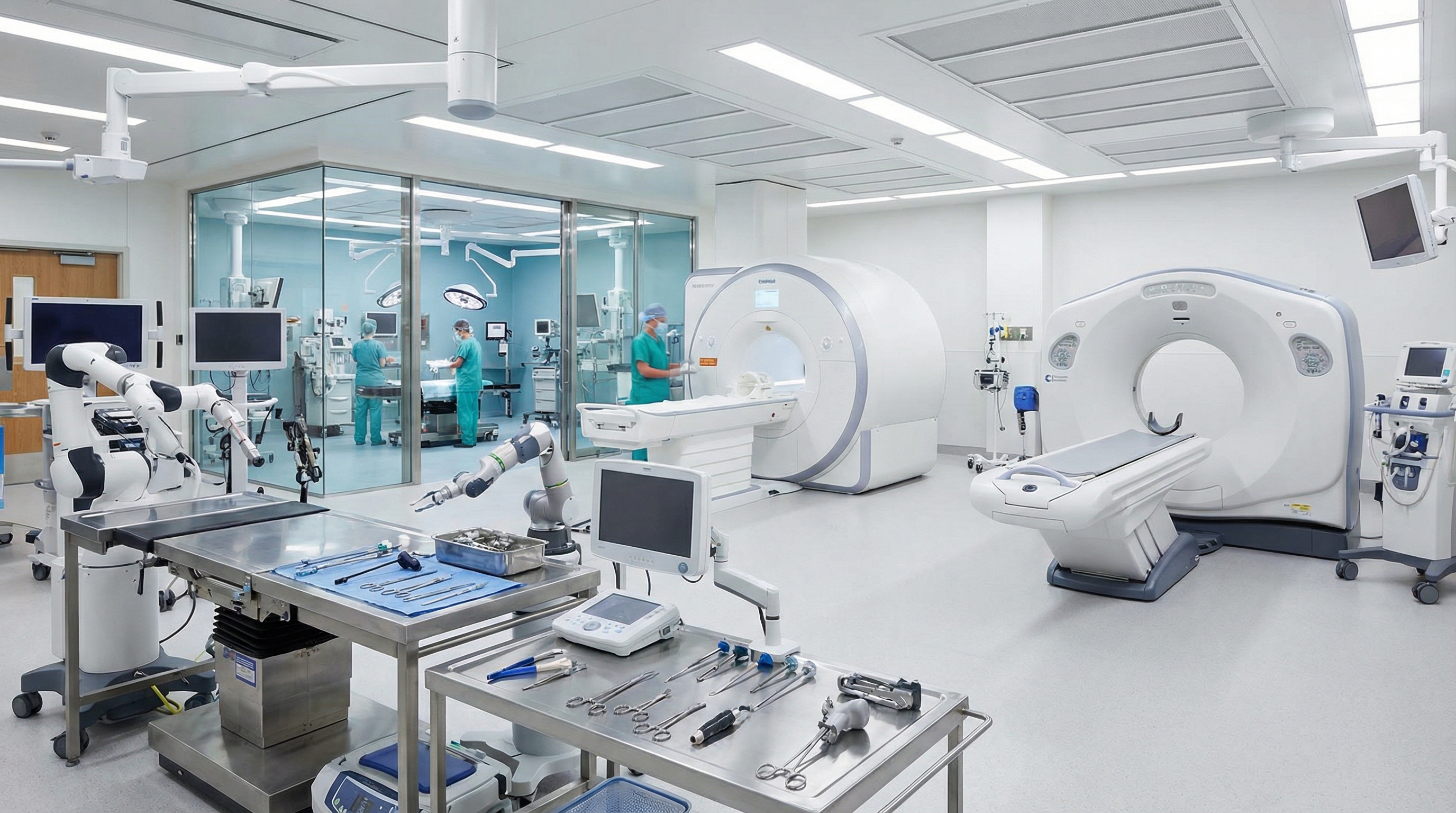 Diverse medical equipment including MRI CT scanner surgical tools arranged in modern hospital