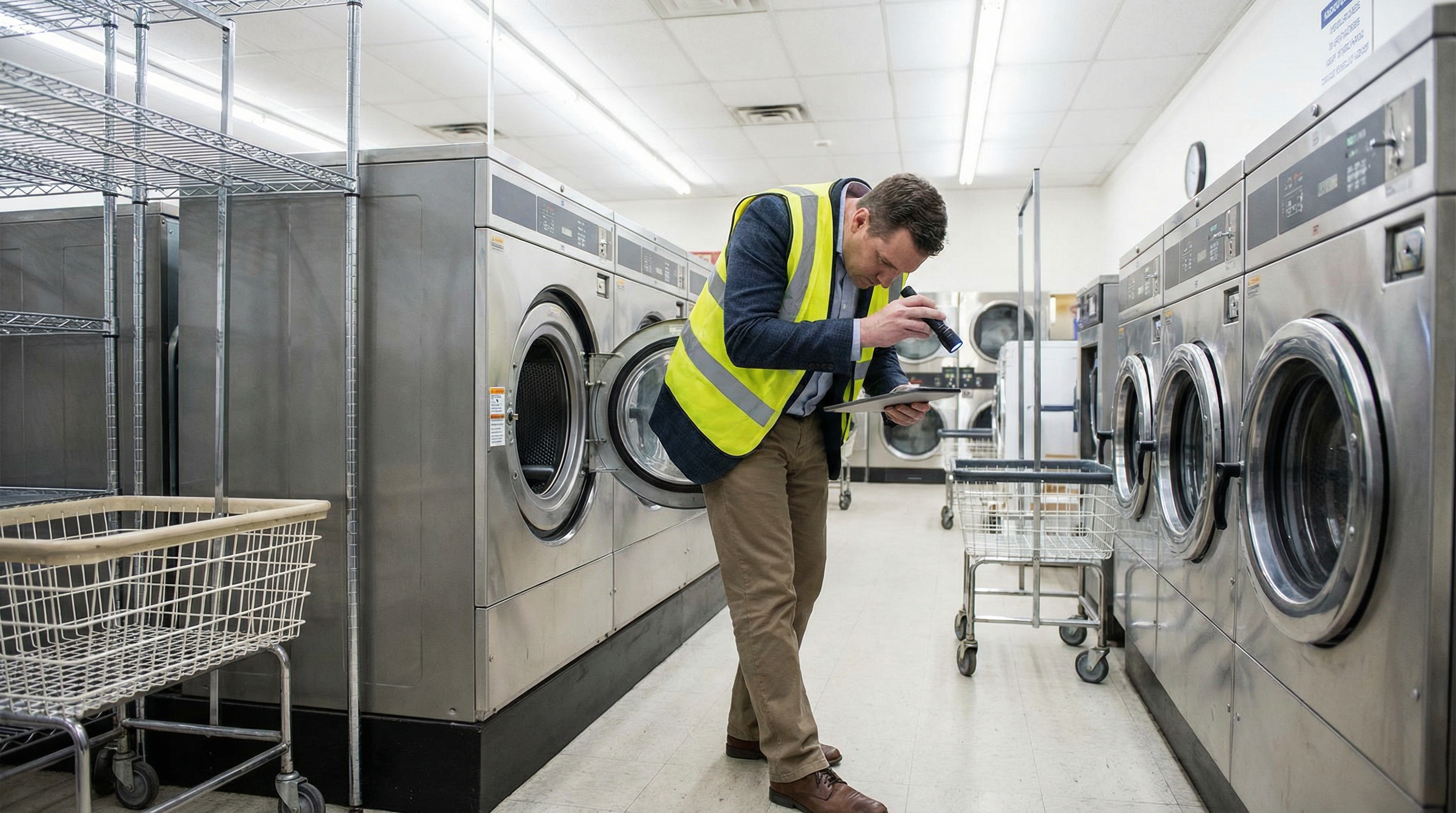professional appraiser inspecting commercial laundry equipment in a laundromat setting