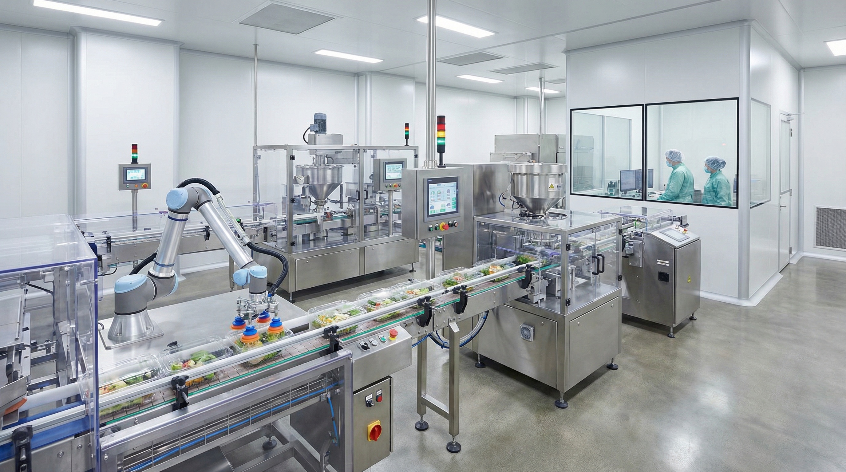 Modern automated food processing line showing advanced technology and sanitary design