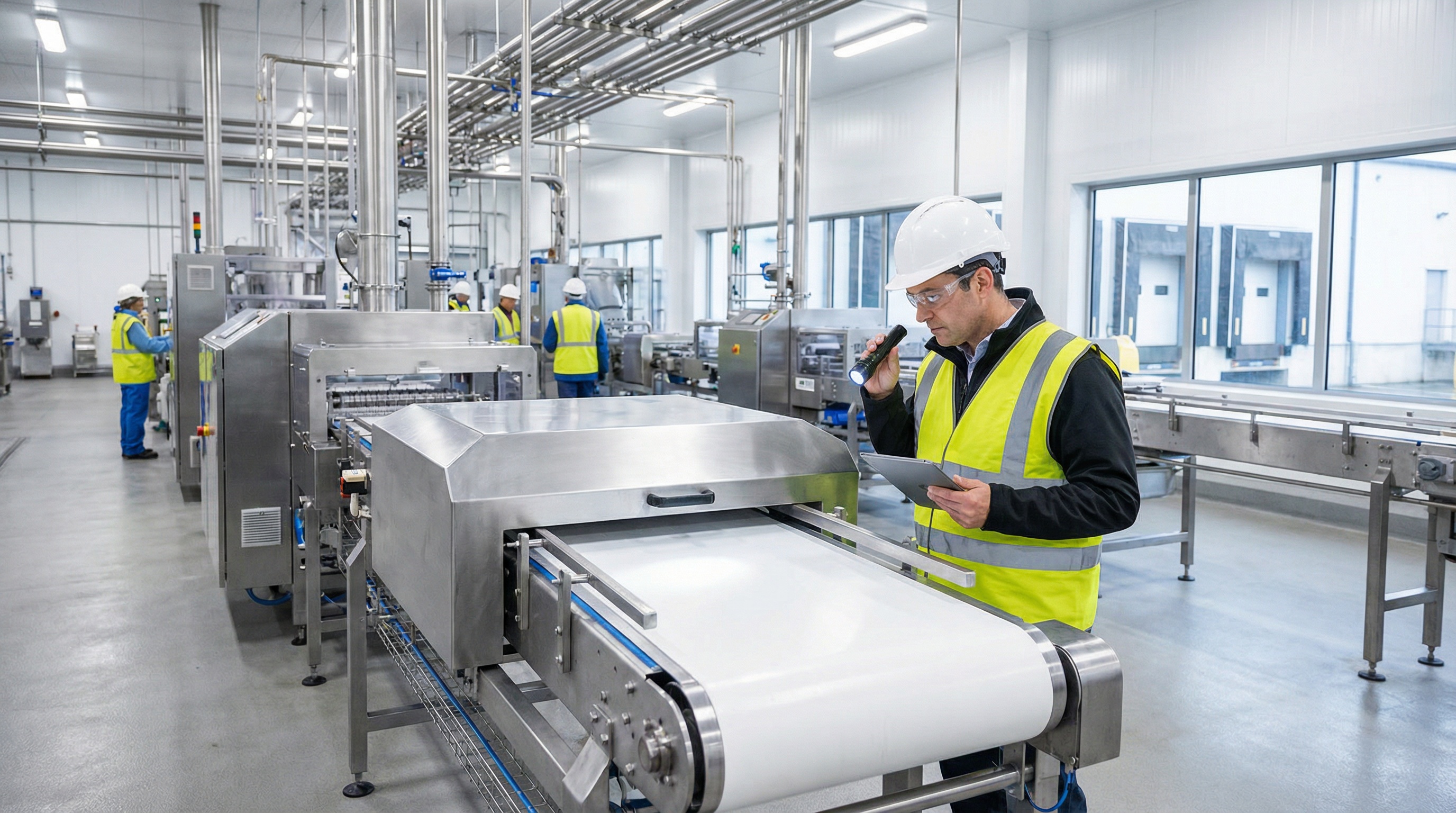 Food processing equipment being inspected by a professional appraiser in a modern manufacturing facility