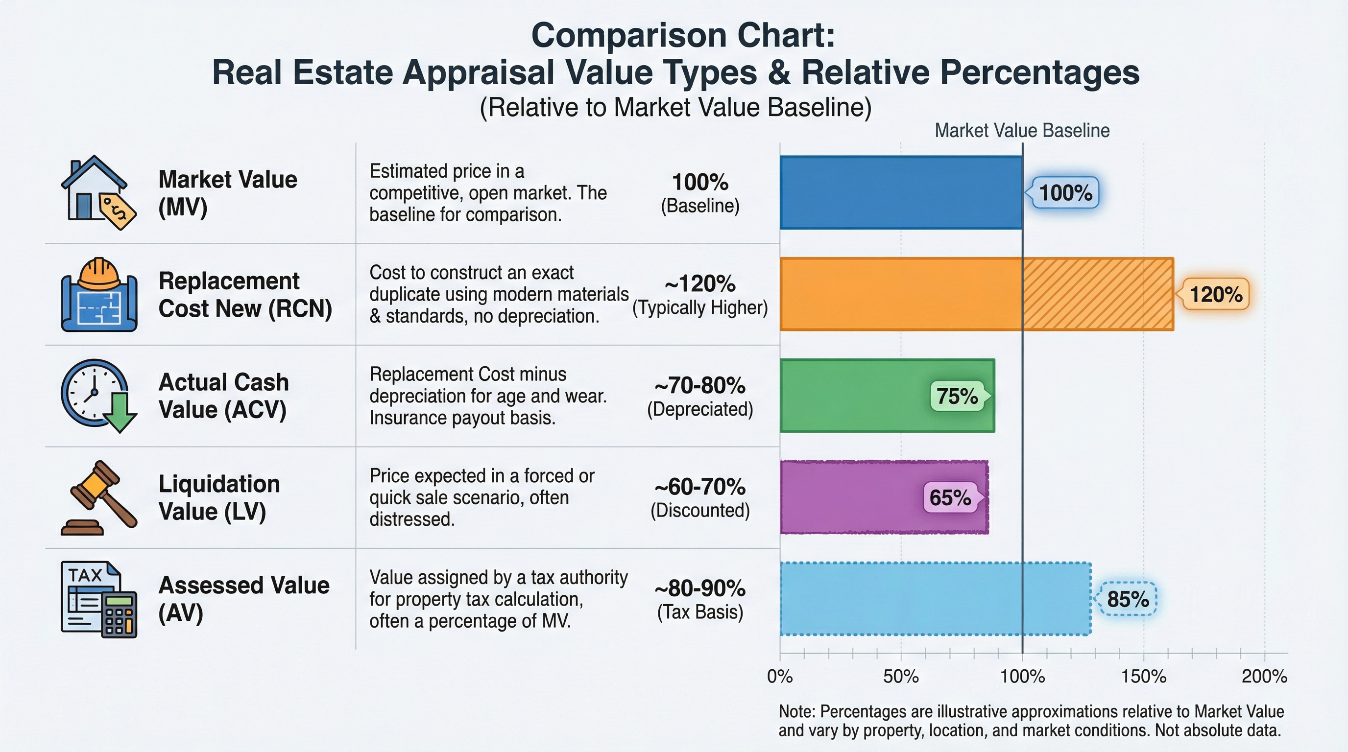 Comparison chart showing different appraisal value types with percentages