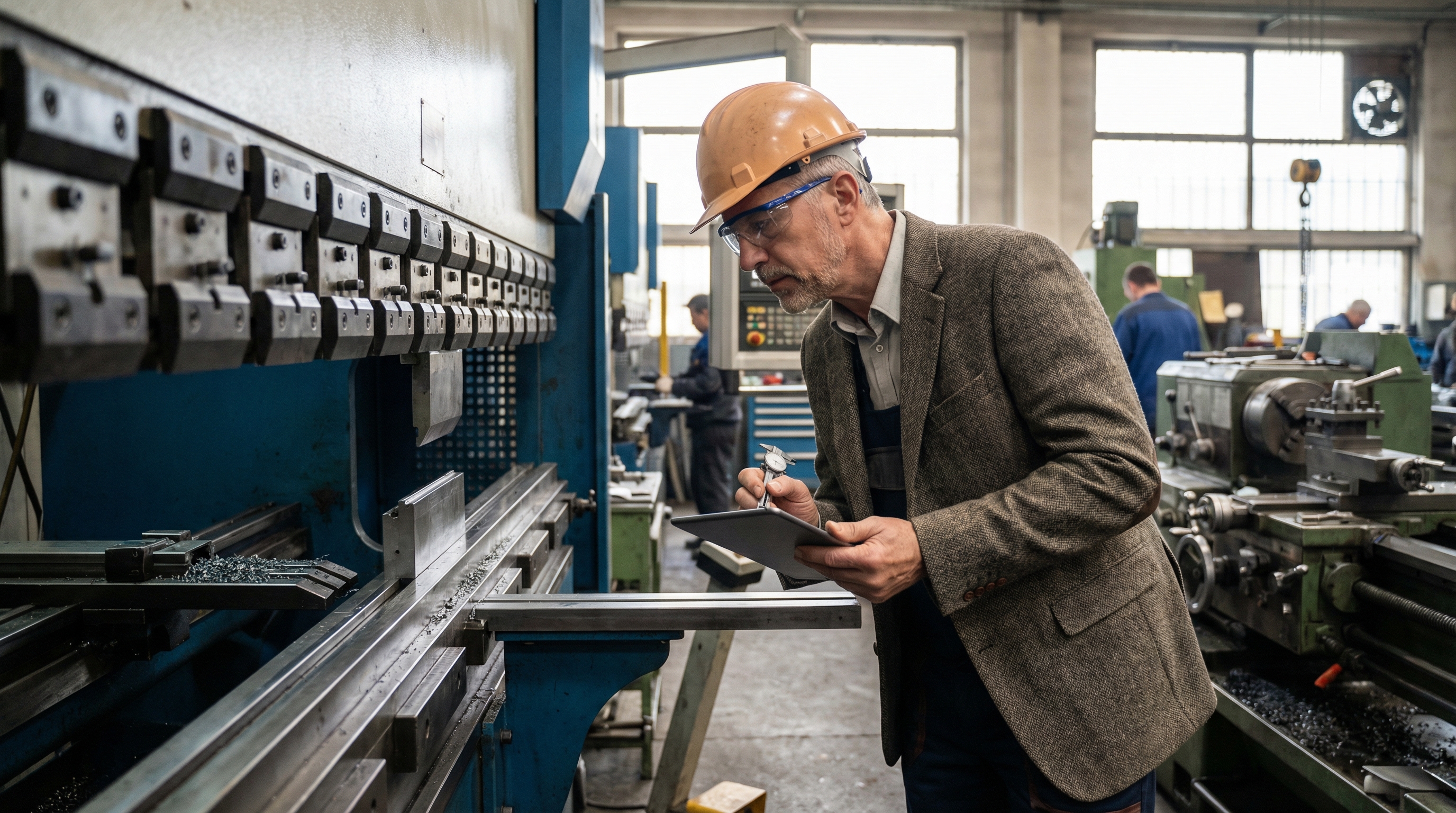 Professional appraiser inspecting industrial metalworking equipment in a manufacturing facility