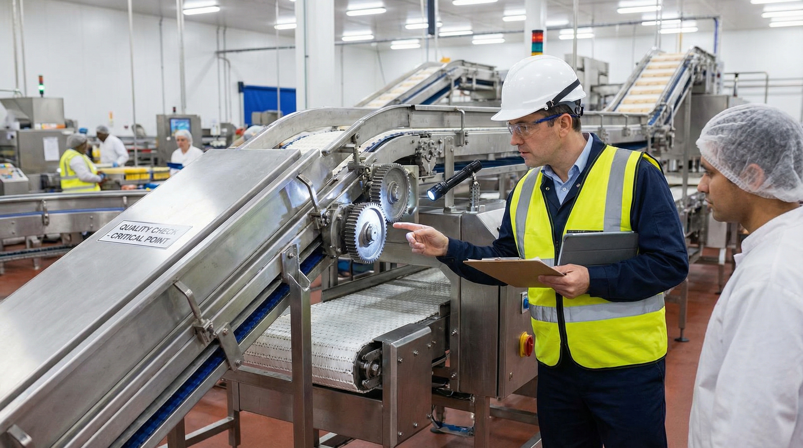 Professional inspector examining industrial food processing machinery