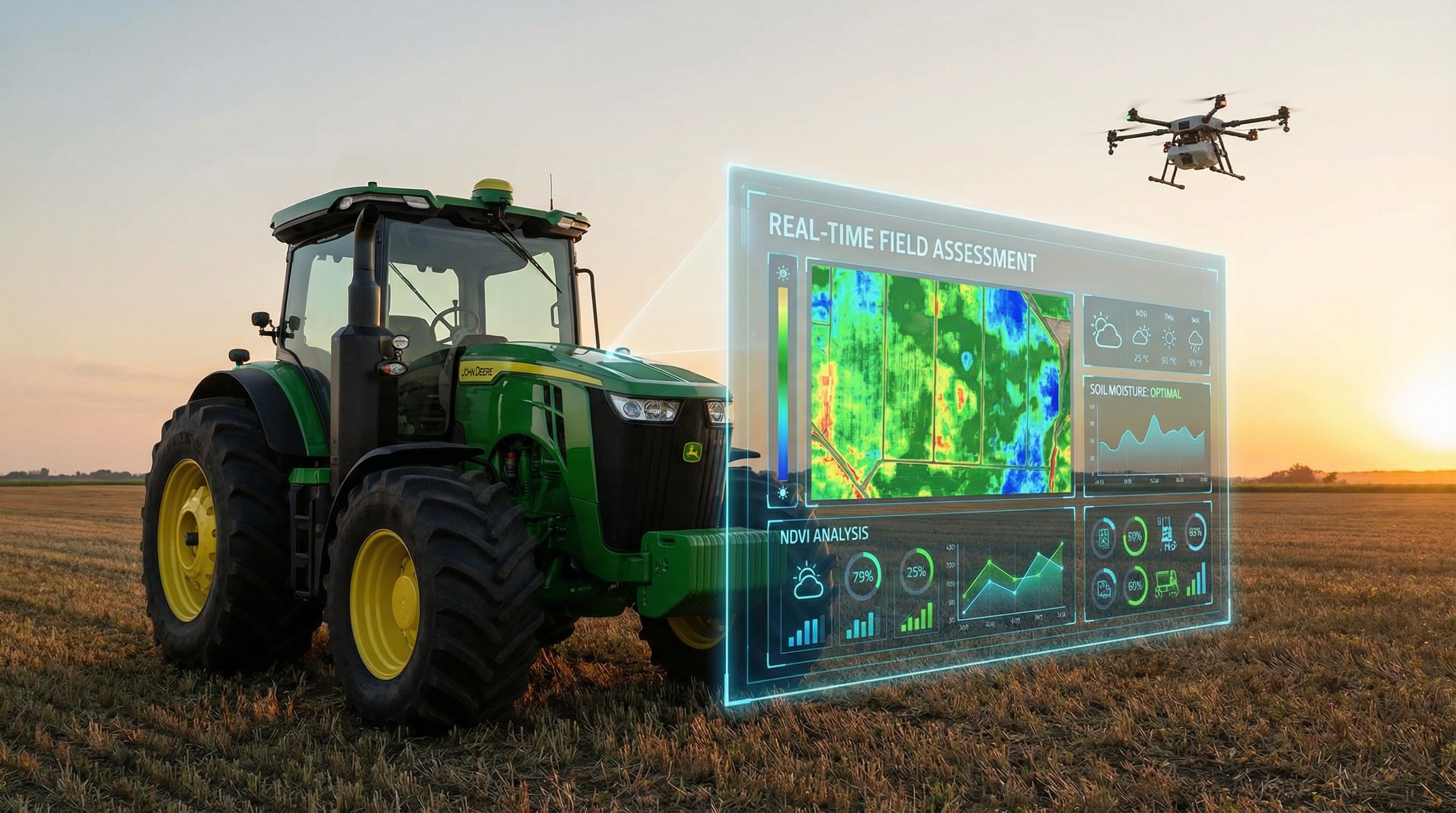 Modern farm equipment with technology overlay showing digital assessment tools
