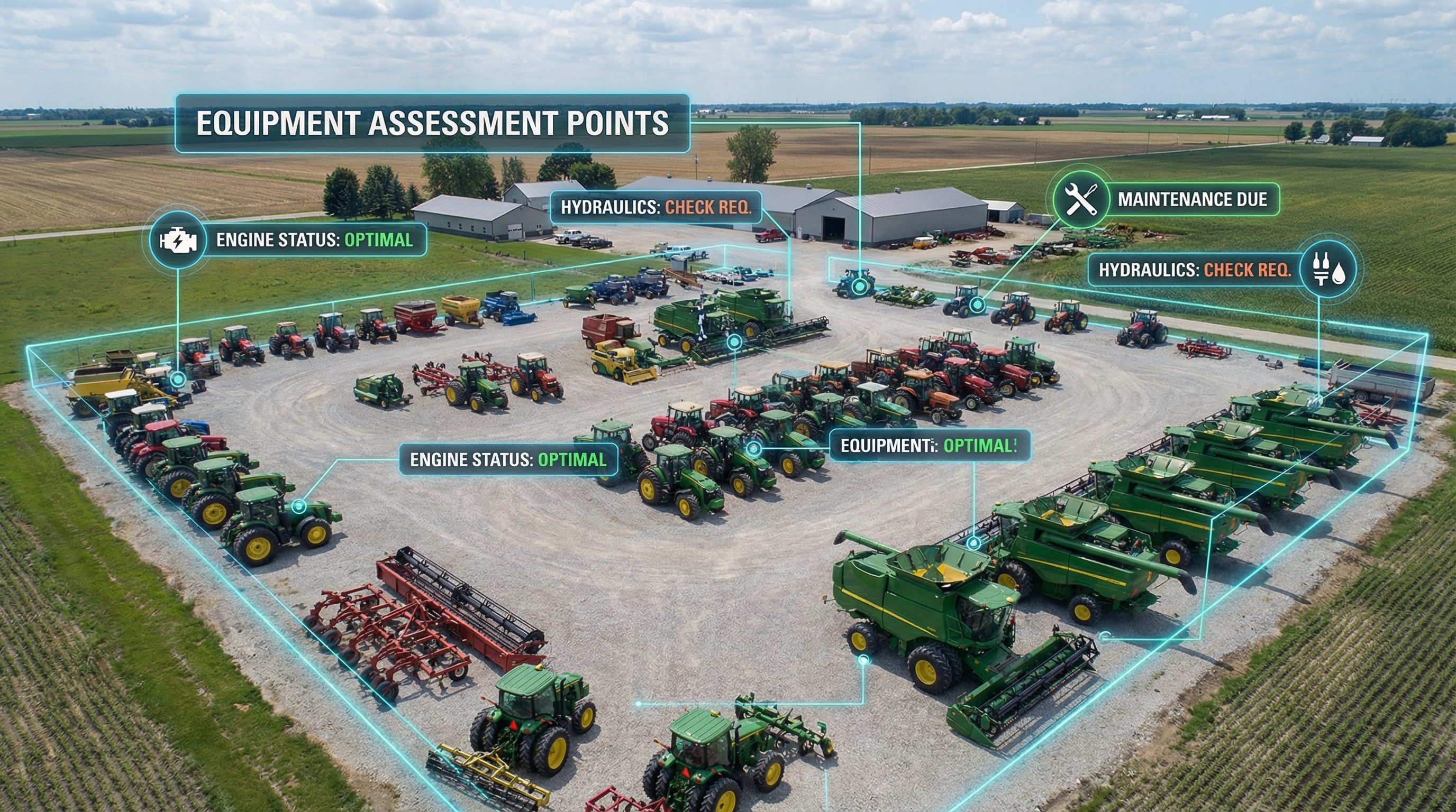 Drone aerial view of farm equipment yard with digital overlay showing assessment points