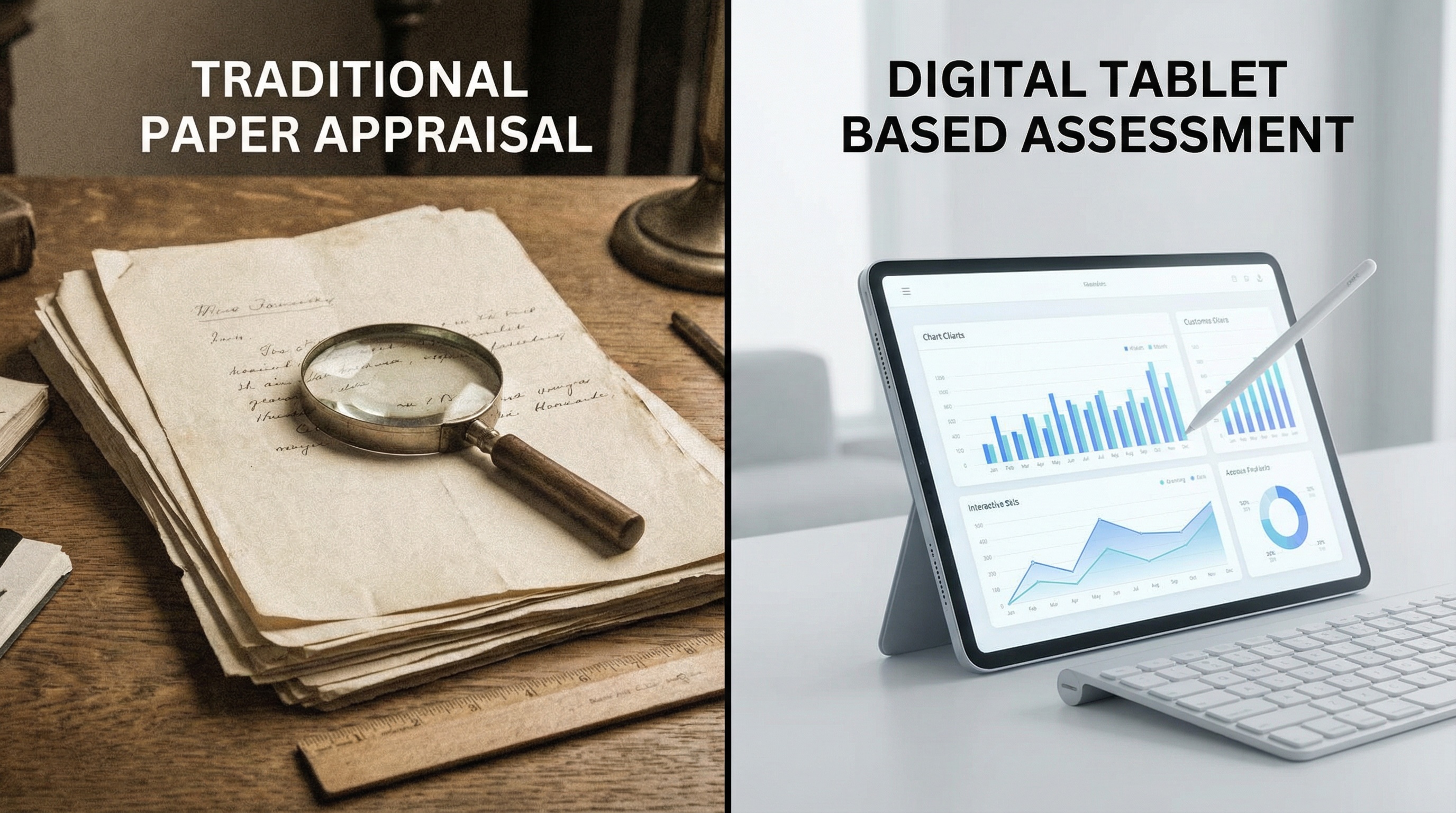 Split screen showing traditional paper appraisal vs digital tablet based assessment