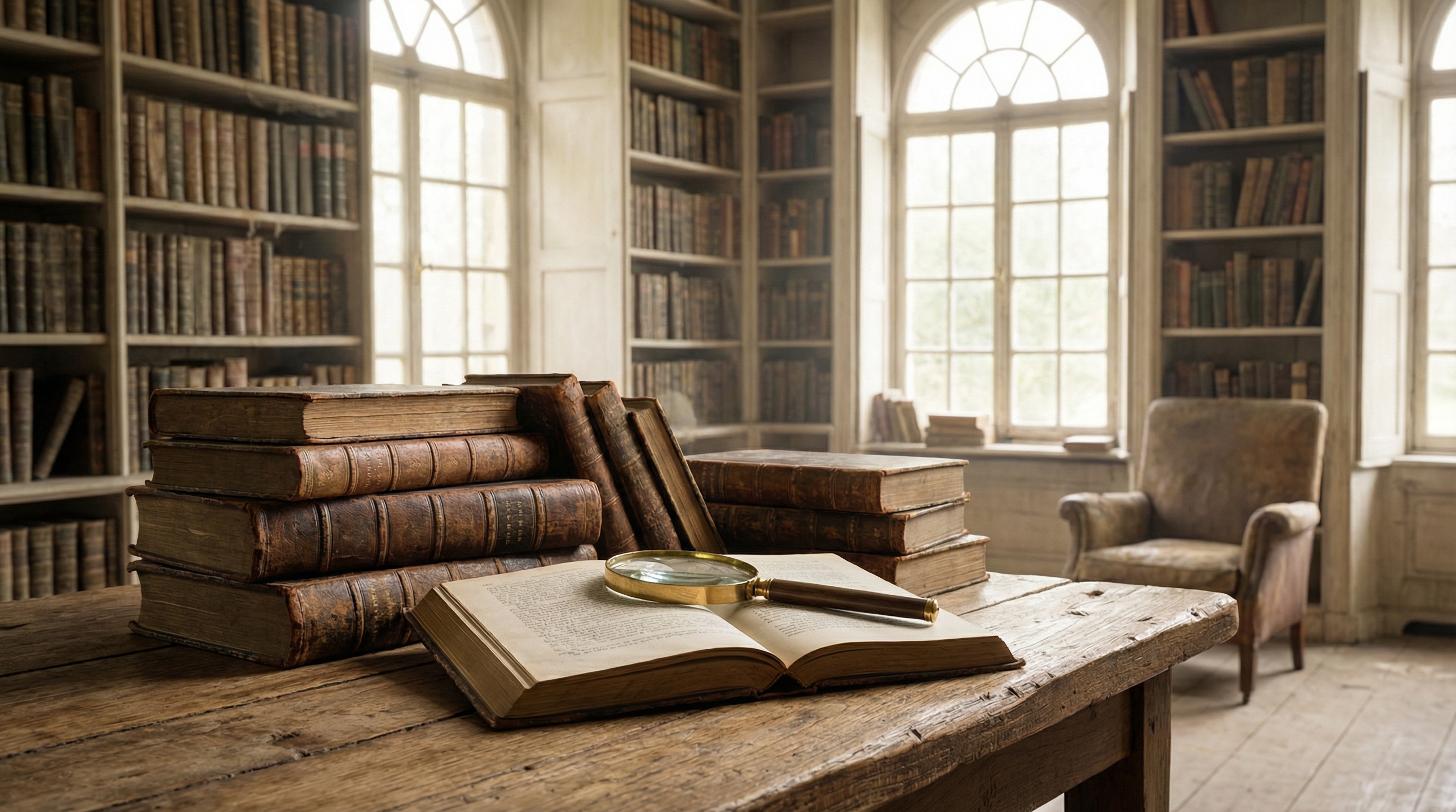 Old books on wooden table with magnifying glass