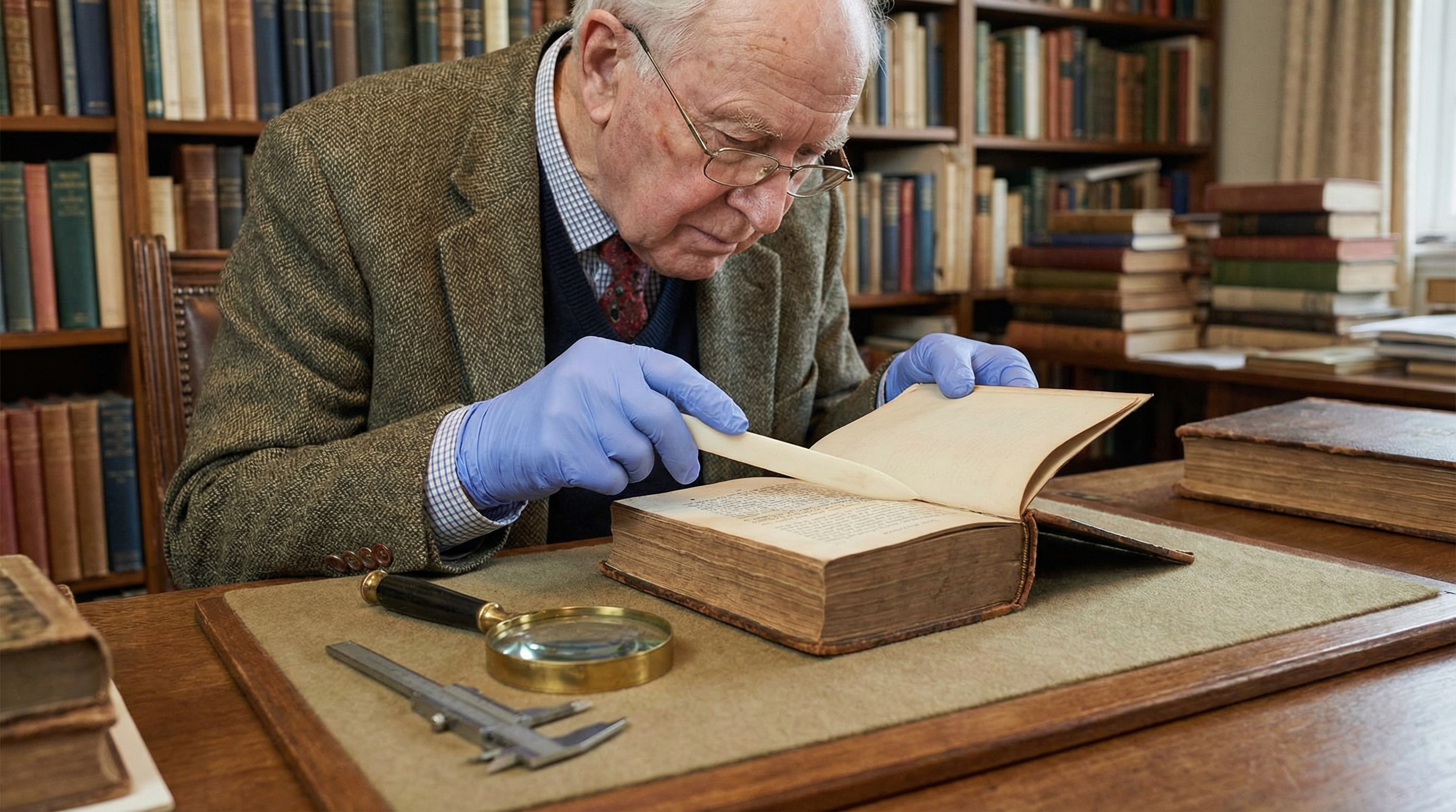 Professional appraiser examining rare book with tools