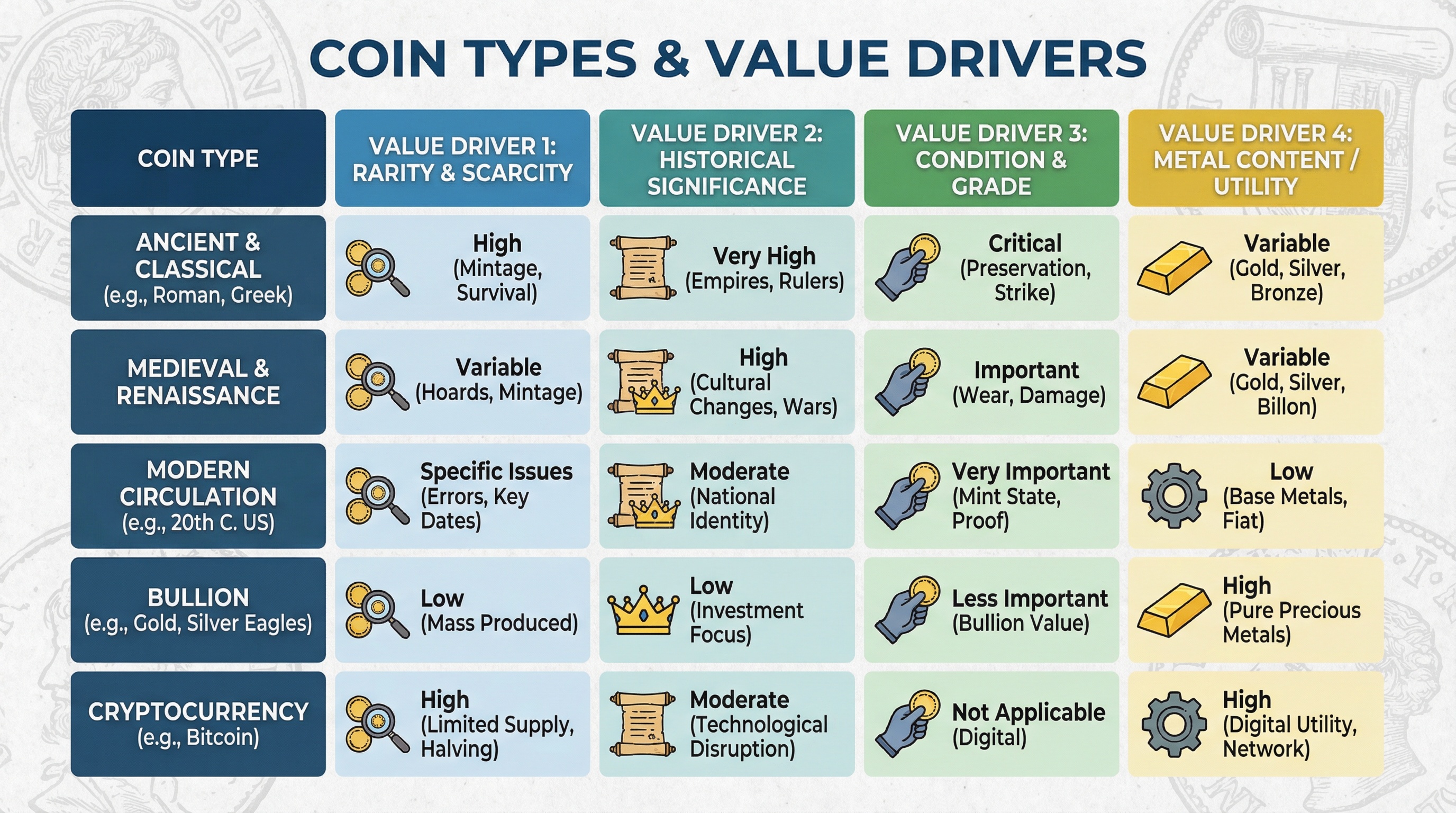 comparison chart showing different coin types and their value drivers