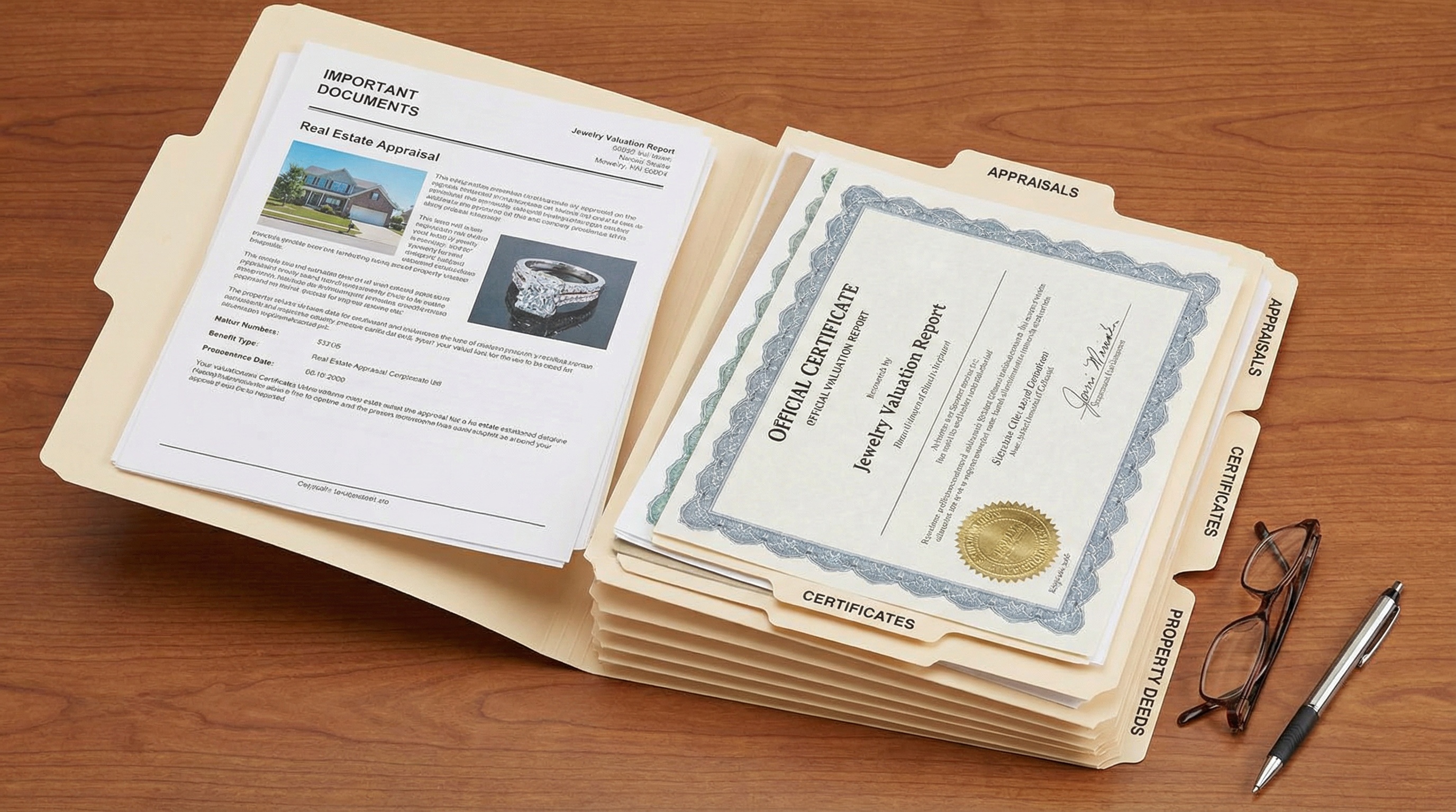 organized file folder with appraisal documents and certificates