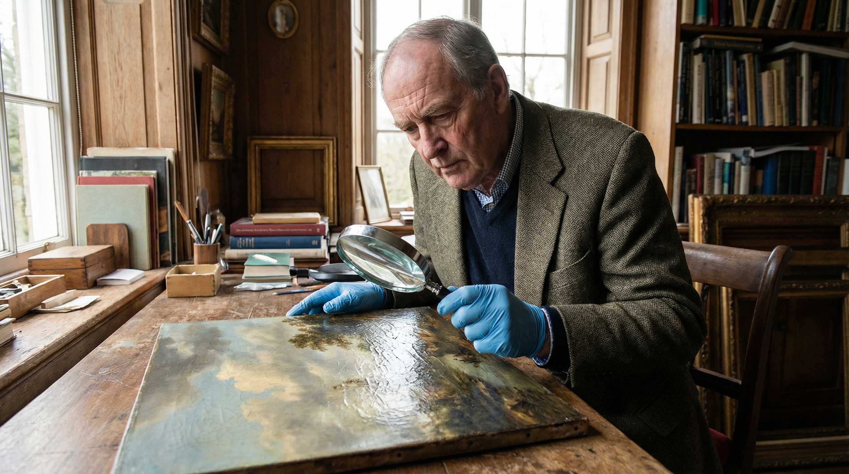 professional appraiser examining antique painting with magnifying glass