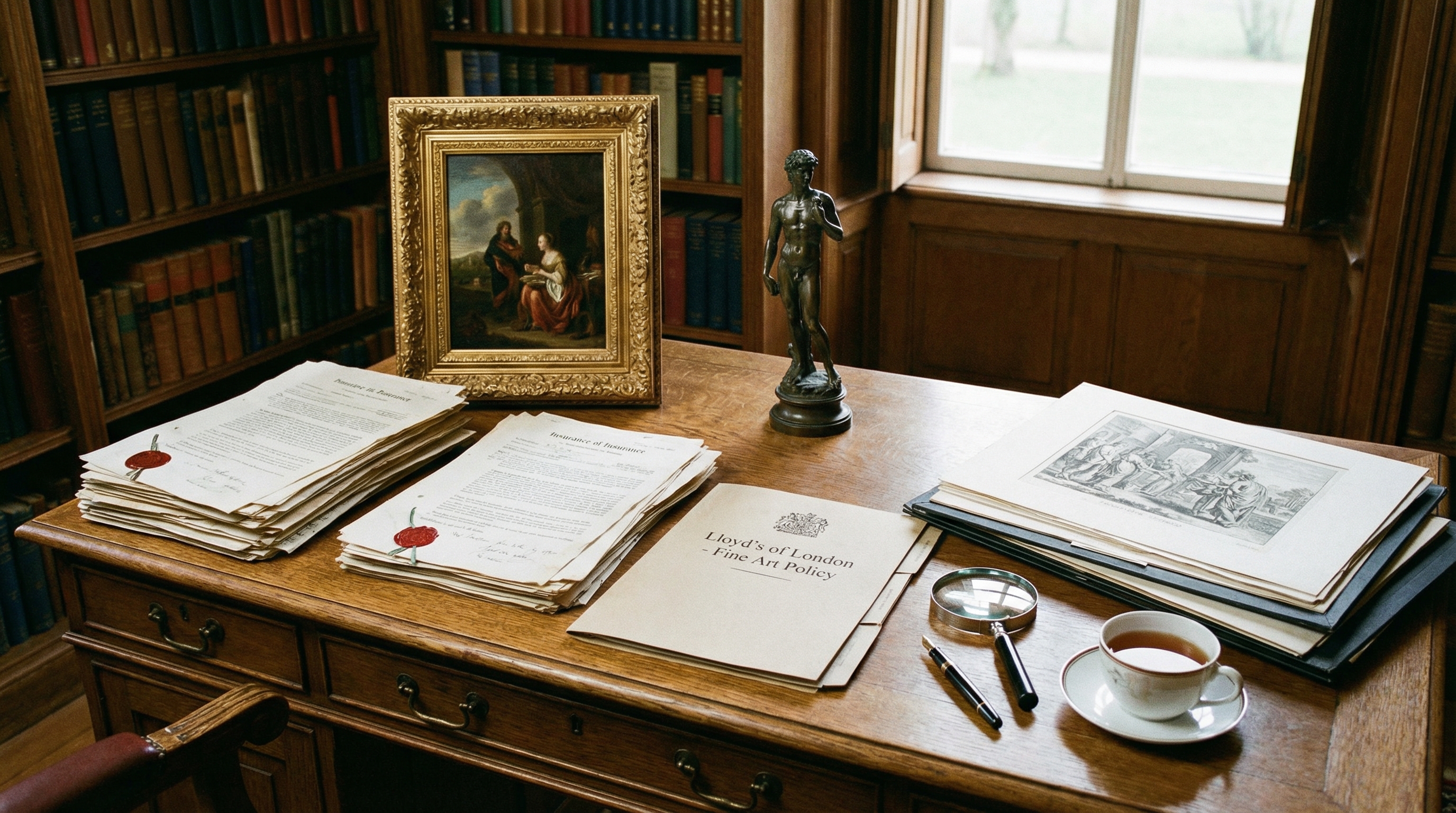 insurance documents and antique artwork on desk