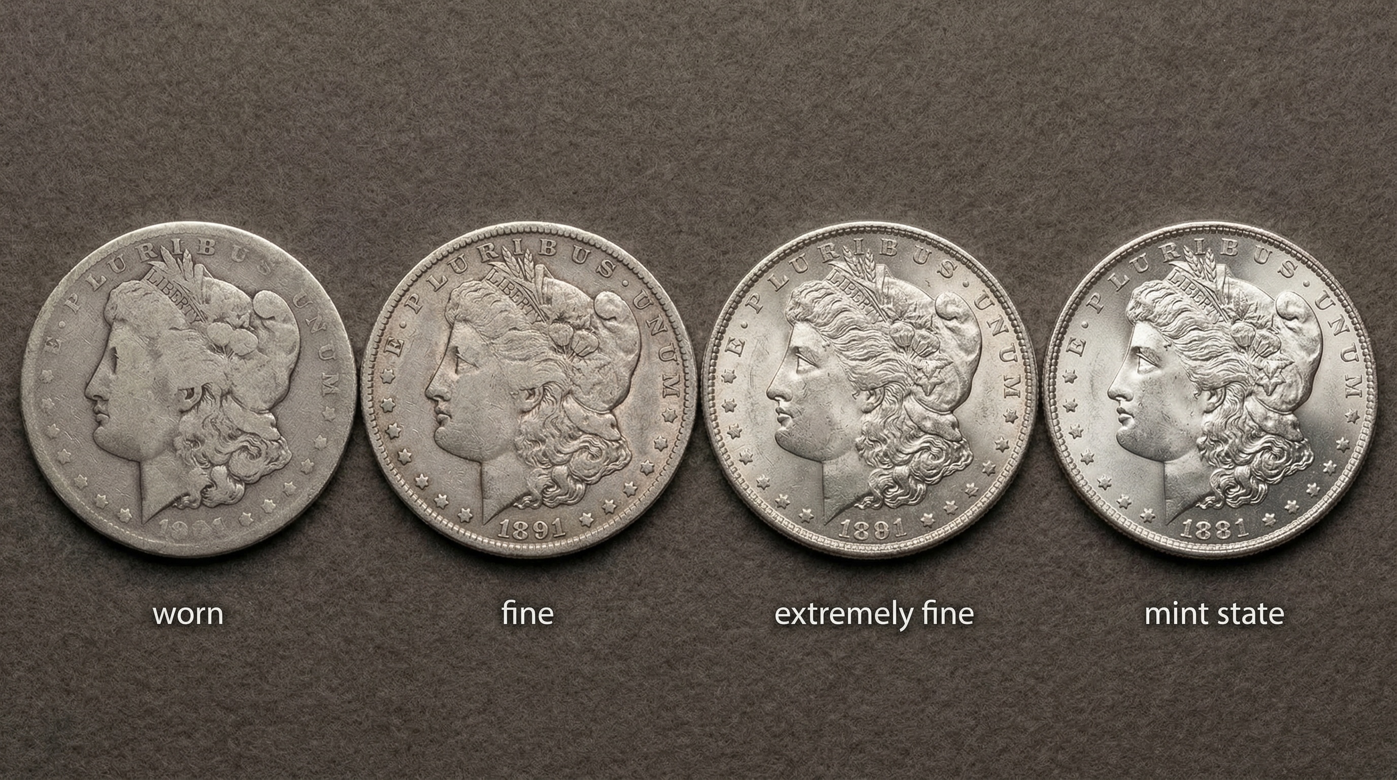 comparison showing same coin in different conditions from worn to mint state