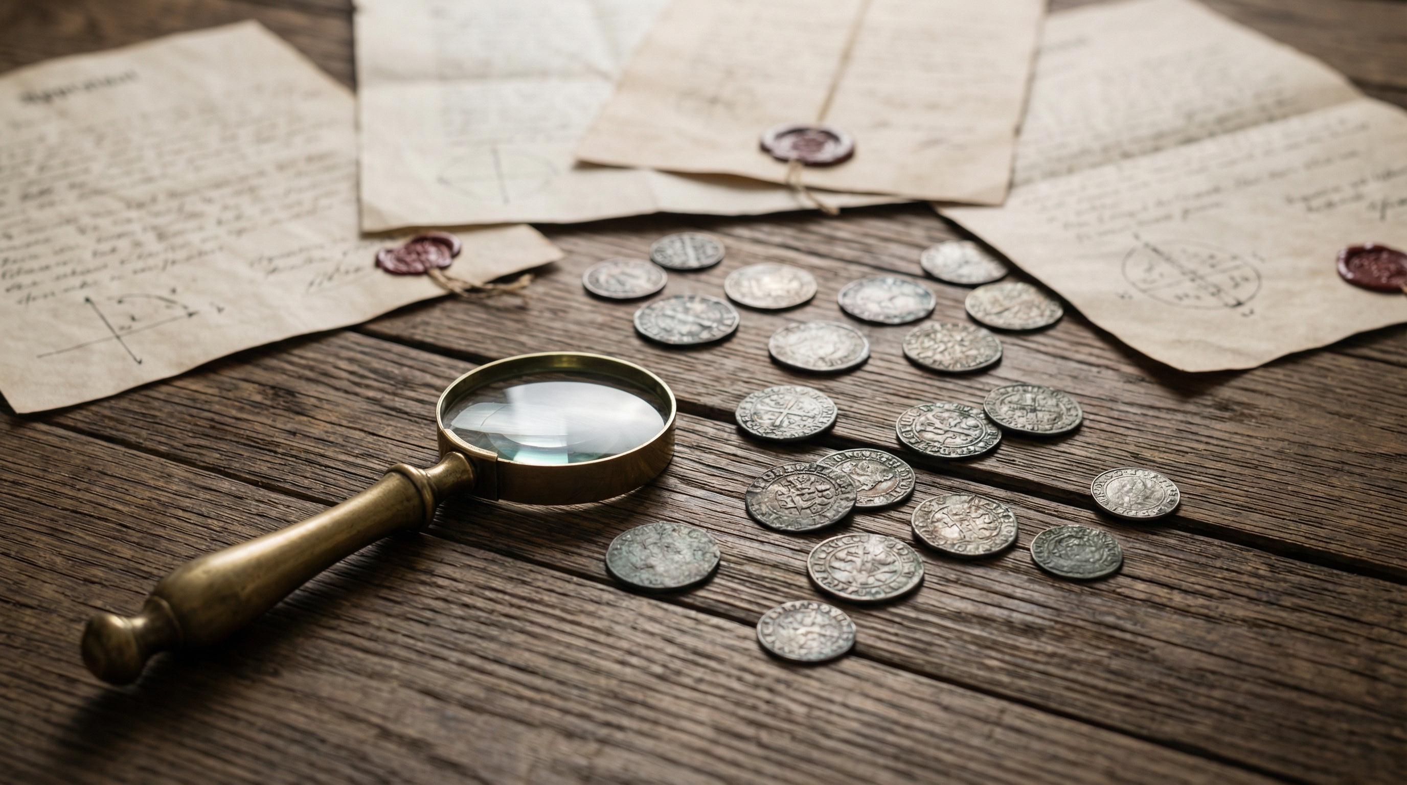 historic coins spread on table with magnifying glass and appraisal documents