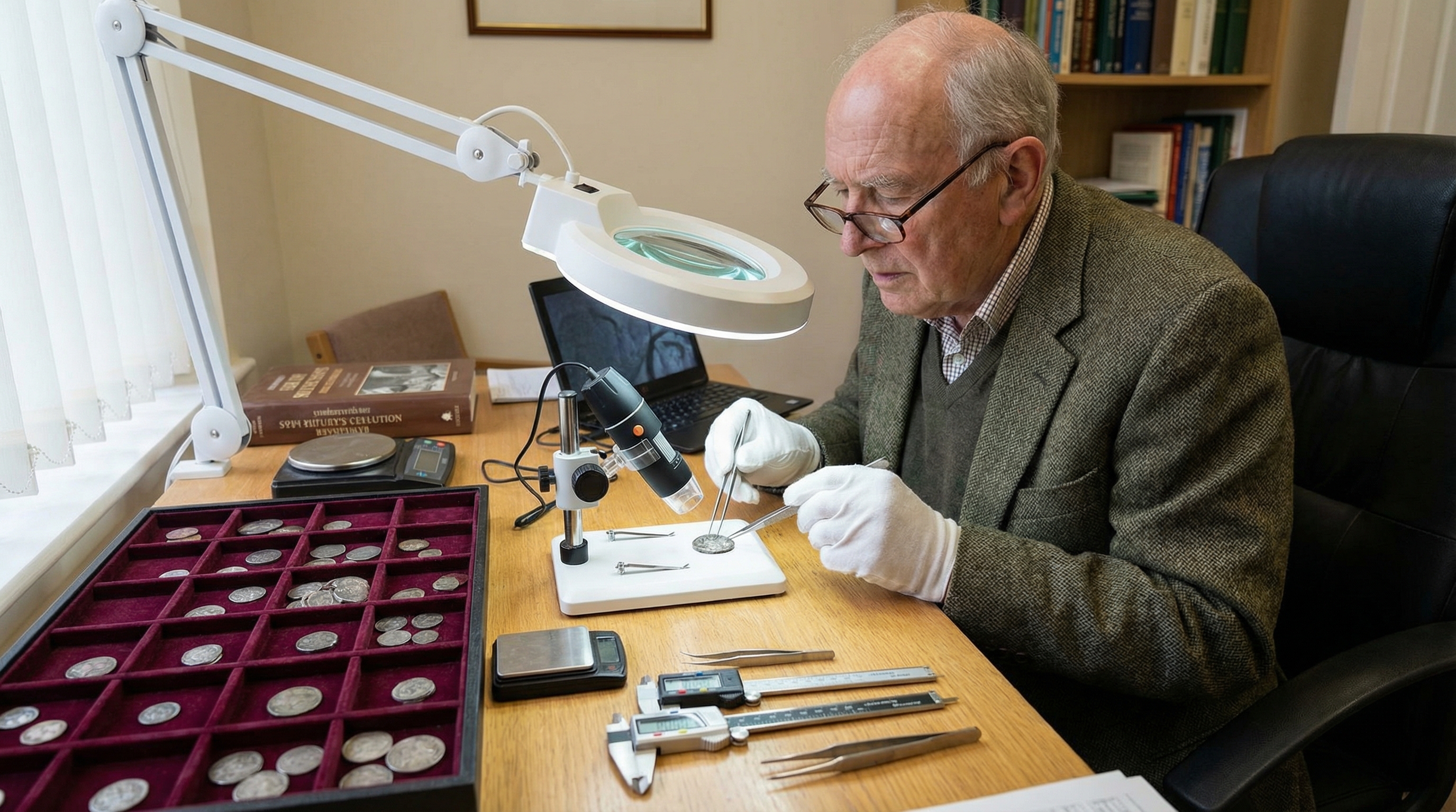 professional appraiser examining coins with specialized equipment