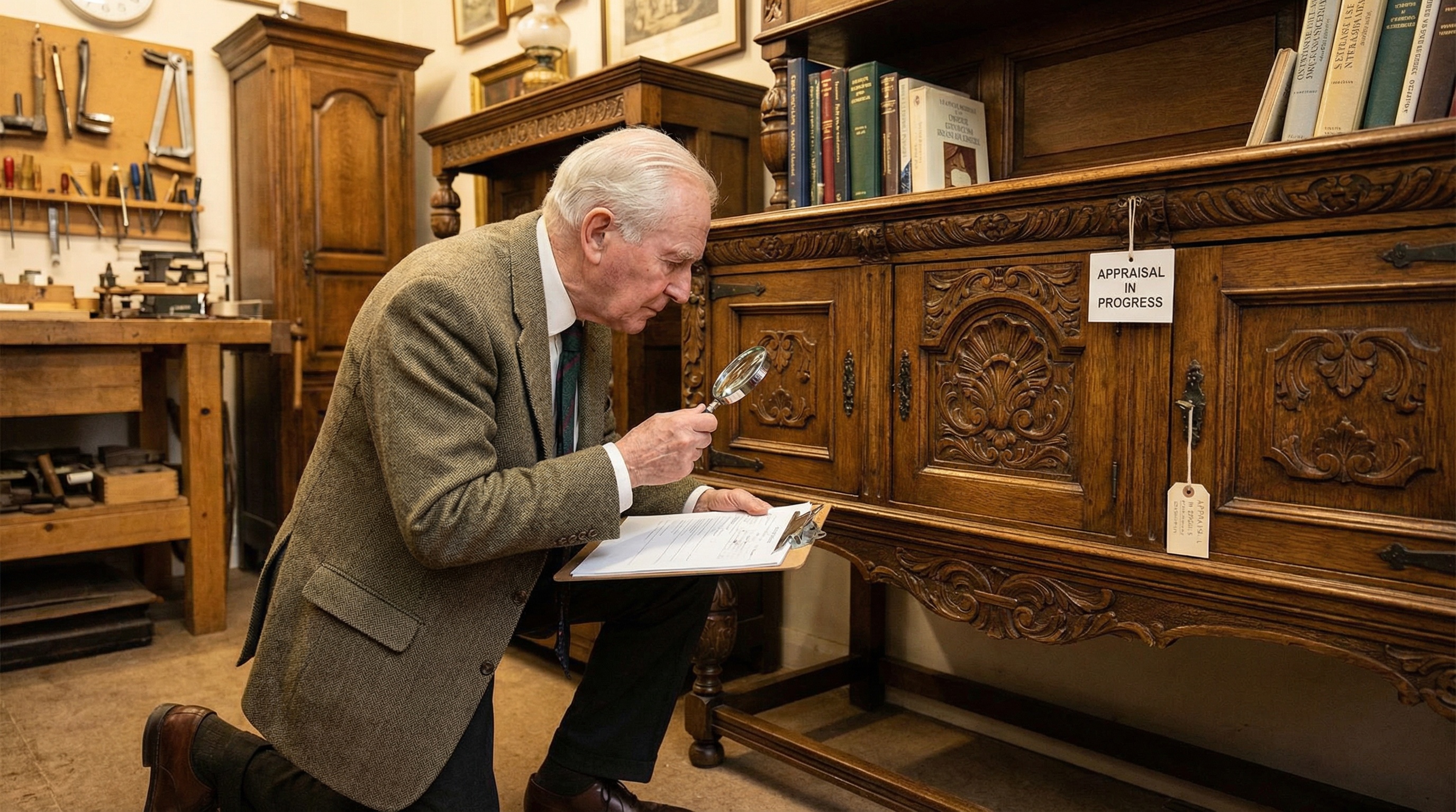 Professional appraiser examining vintage antique chair