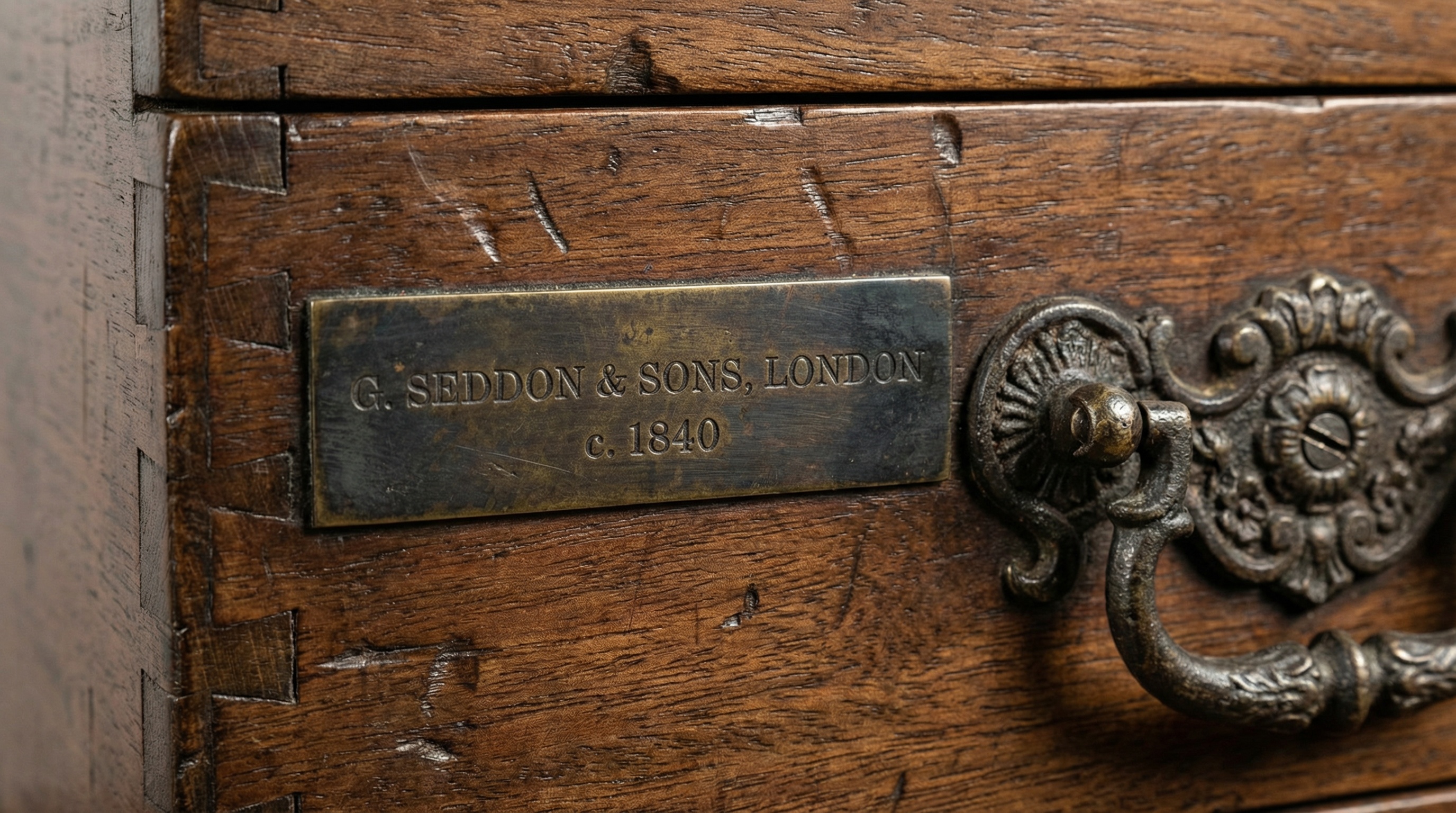 Close-up view of antique furniture maker's mark and original hardware details