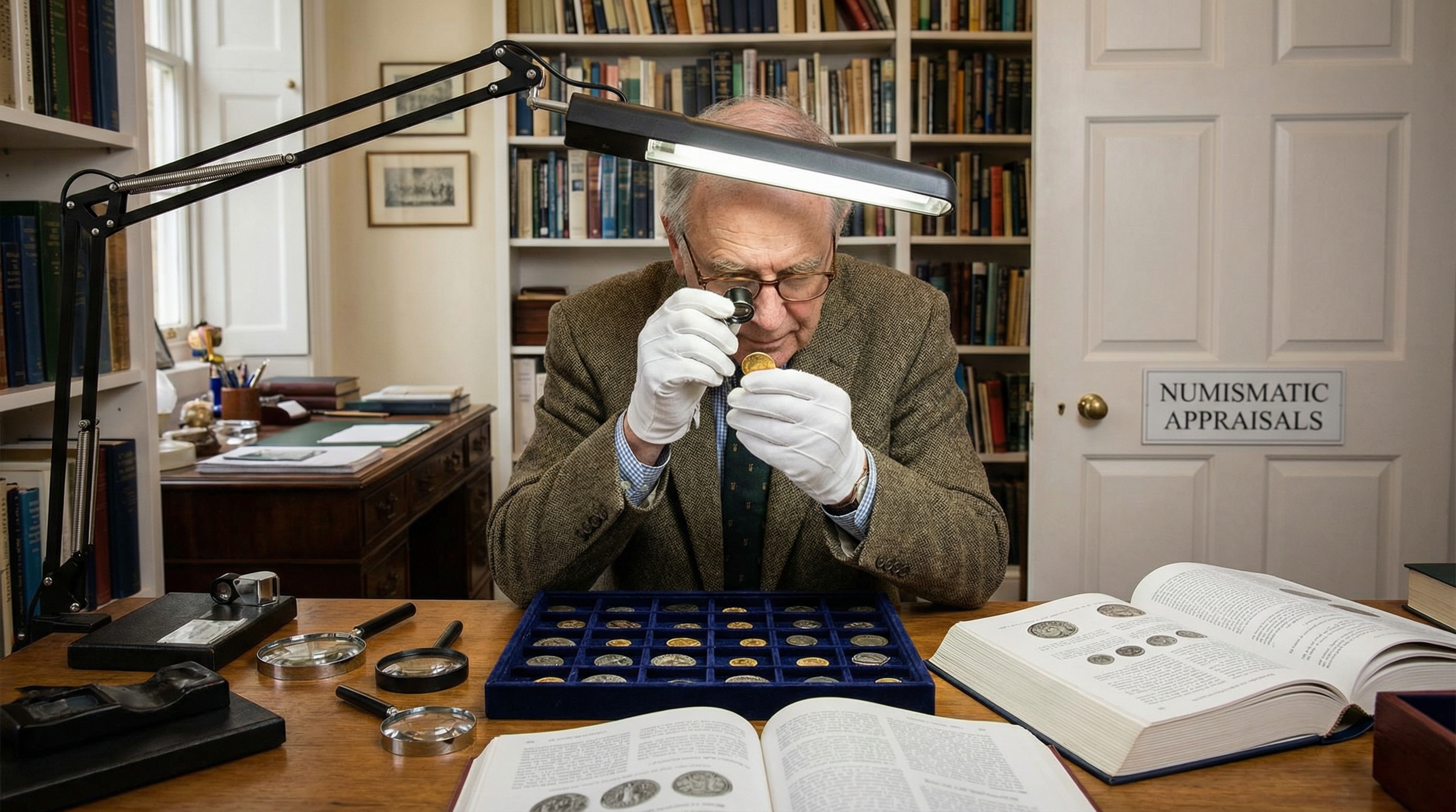 professional appraiser examining coins with magnifying glass and reference materials