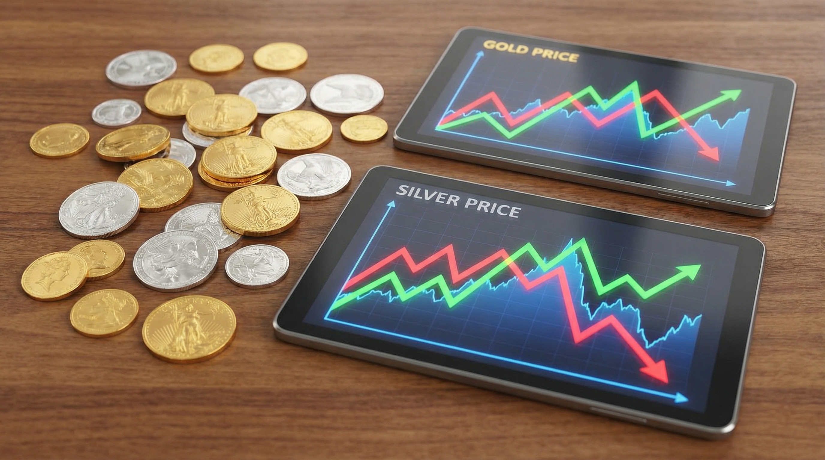 gold and silver coins with price charts showing market fluctuations