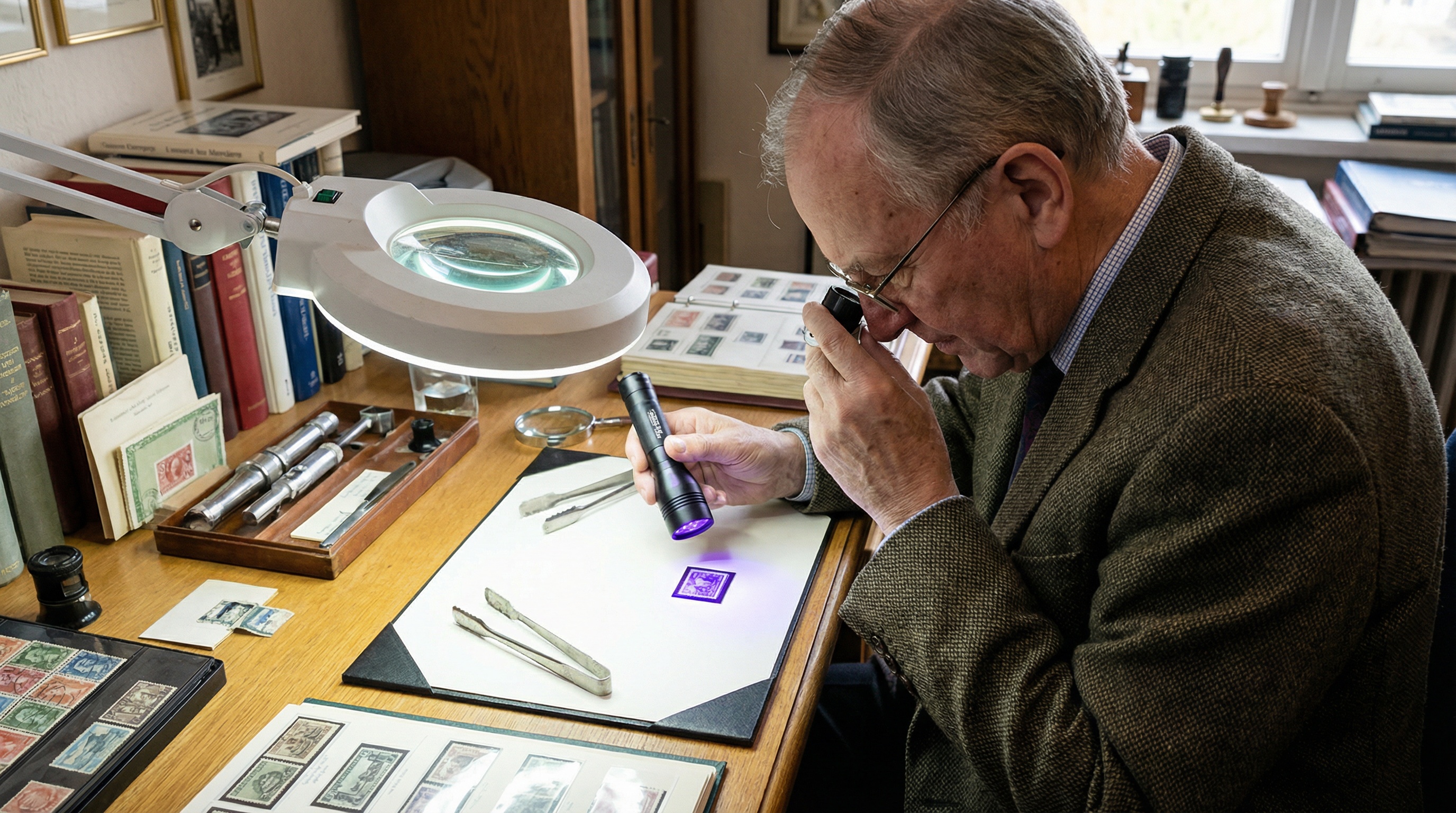 Professional appraiser examining stamps with specialized equipment