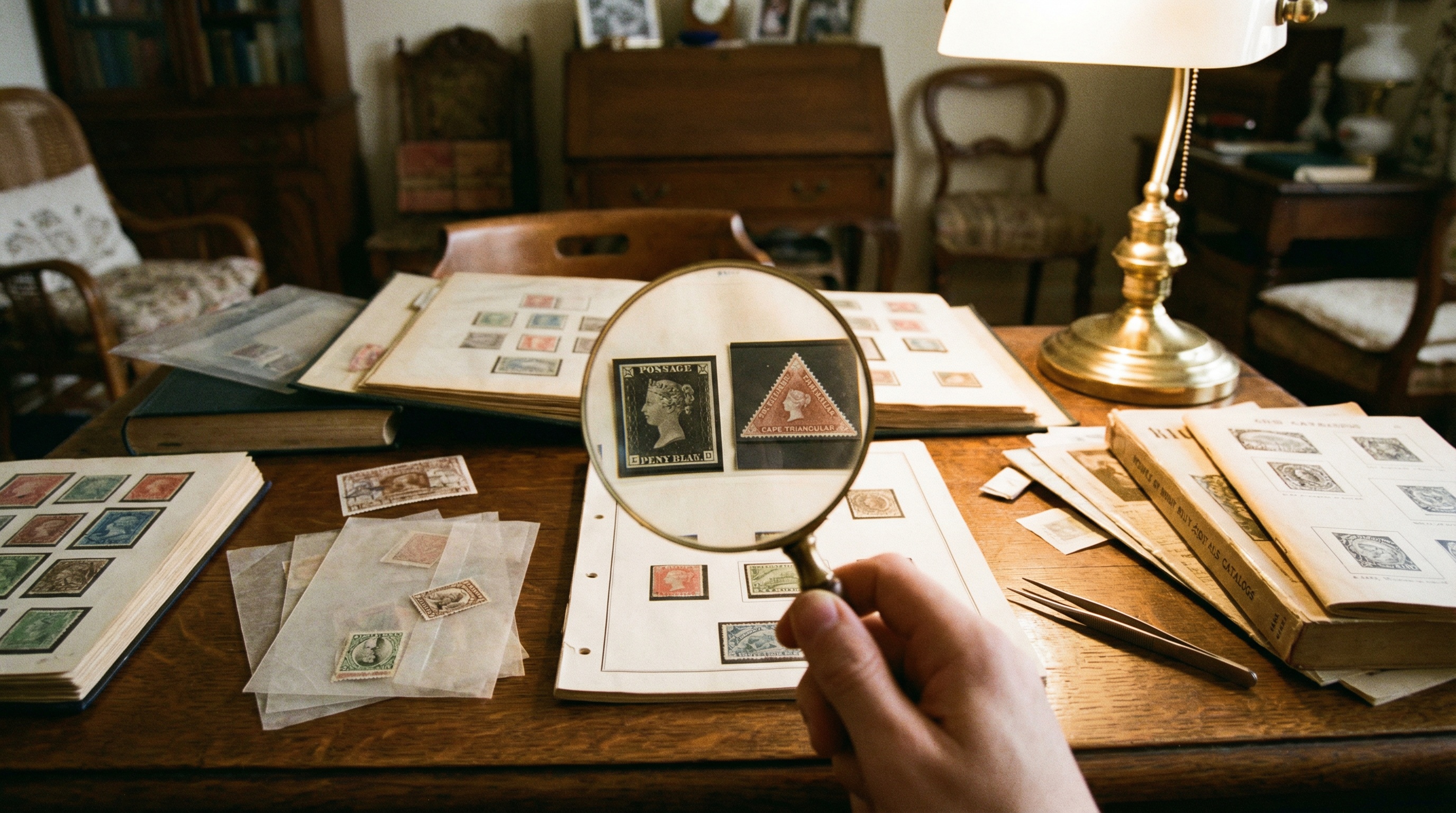 Vintage stamp collection with magnifying glass on desk
